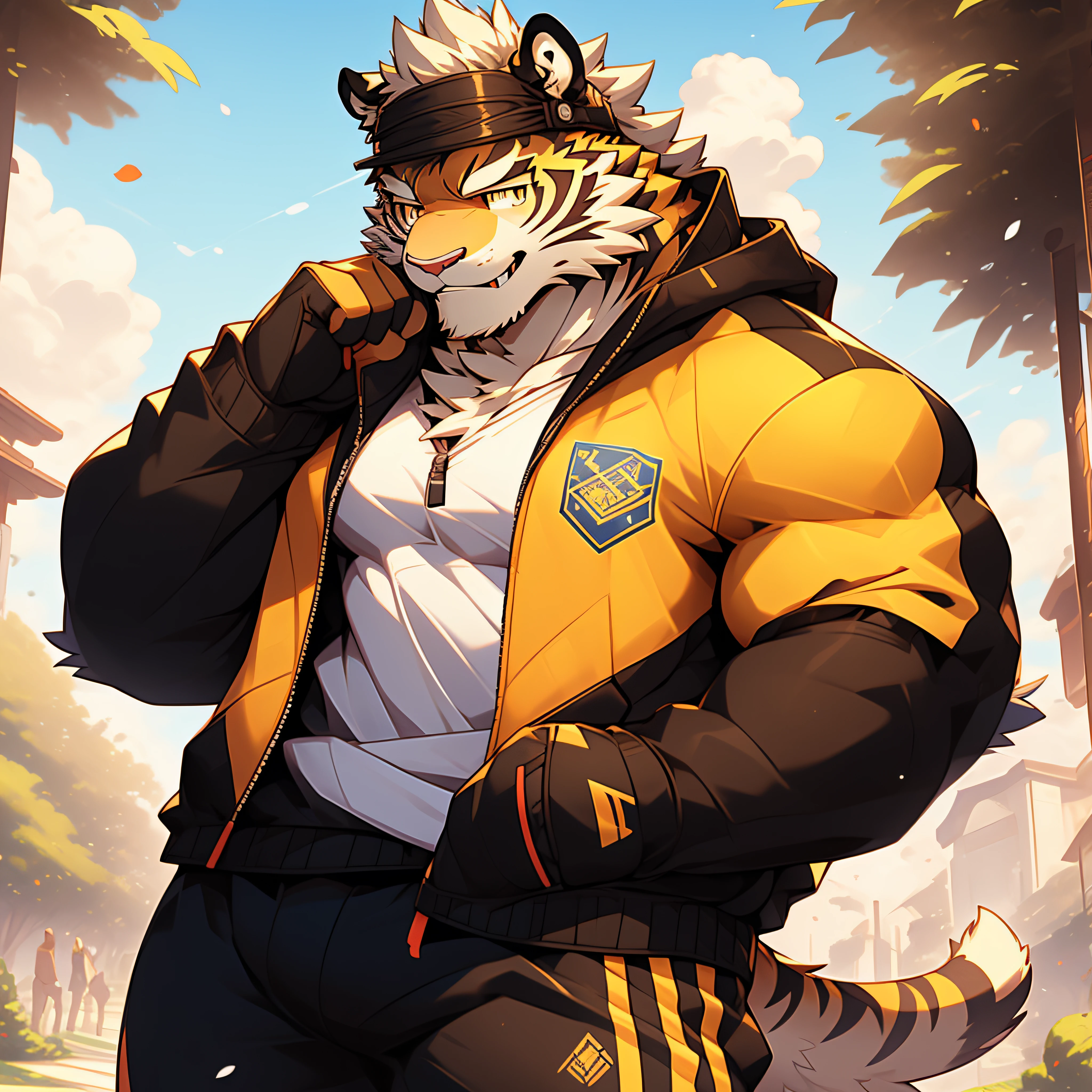 solo person，vectorial art，High quality illustrationtiz，tmasterpiece，Tiger orcs,Magnificent,Yellow fur，With black stripes,Physical Education Student,college aged,Youth,track suit,ssmile，Sunny weather,