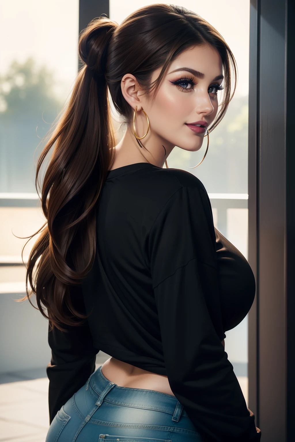 Lucy Pinder, Face portrait, Beautiful face, smiling, black hair, straight hair, ponytail, hoop earrings, ((very intense makeup)), ((bright lipstick)), Back, black bra, white shorts, beautiful buttocks, ((voluptuous woman))