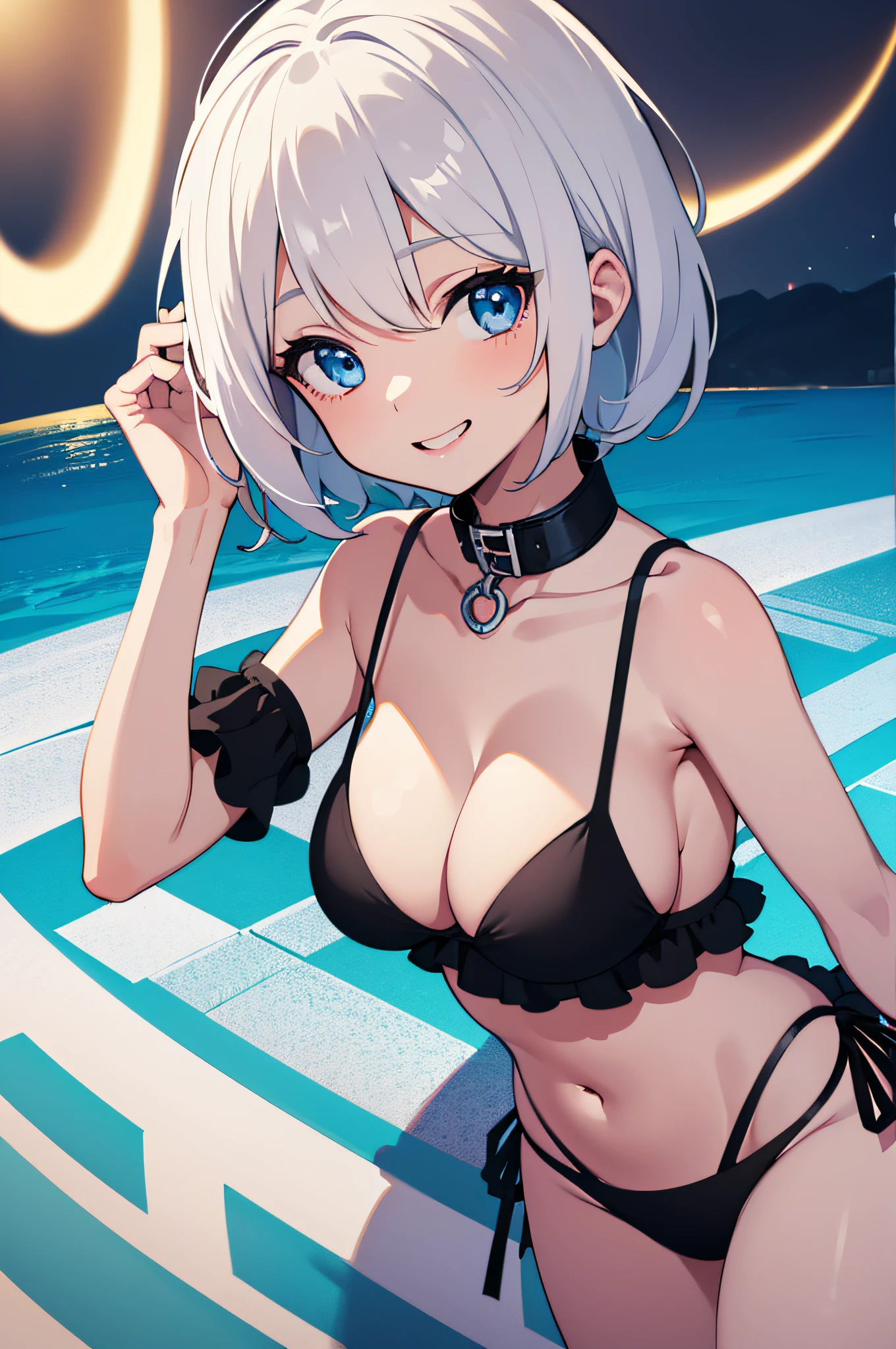 best quality, 1girl,(white),(short hair),(li),cute,(blue eyes),(bright smile),(cleavage),(black bikini),(beach),(night time) 8k. Masterpiece.