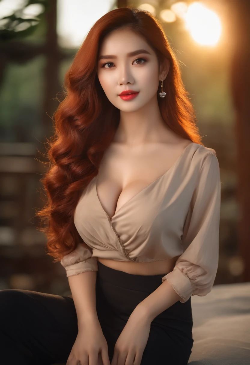 A masterpiece, (((Full Image))) All body in frame, (((Magical Light Action Shooter))) (4K Photos:1.1) (crisp focus:1.3), high-detail, wearing (Tight shirt:1.2), beautiful detailed face, Attractive woman with long red hair looking into camera, It looks like actress Arachporn Pokinpakorn., Panasonic Lumix S Pro F 50mm/1.4, , photorealistic portrait, (Attractive girl:1.3), (seduce:1.1), (red face:1.1), Hourglass chassis shape, large round breasts, Ass Accent, Ass Accent, Shoot Back, Insert copper, Full body, elongated legs