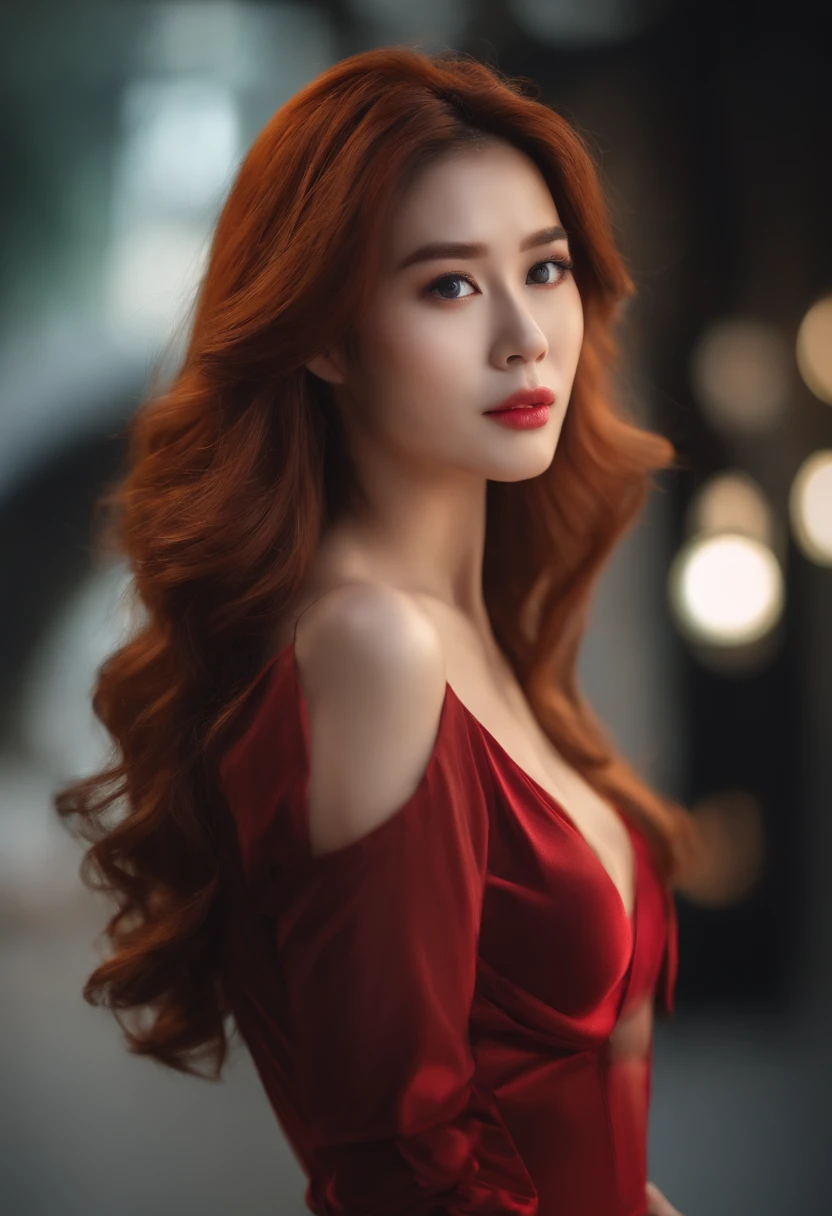 A masterpiece, (((Full Image))) All body in frame, (((Magical Light Action Shooter))) (4K Photos:1.1) (crisp focus:1.3), high-detail, wearing (Tight shirt:1.2), beautiful detailed face, Attractive woman with long red hair looking into camera, It looks like actress Arachporn Pokinpakorn., Panasonic Lumix S Pro F 50mm/1.4, , photorealistic portrait, (Attractive girl:1.3), (seduce:1.1), (red face:1.1), Hourglass chassis shape, large round breasts, Ass Accent, Ass Accent, Shoot Back, Insert copper, Full body, elongated legs