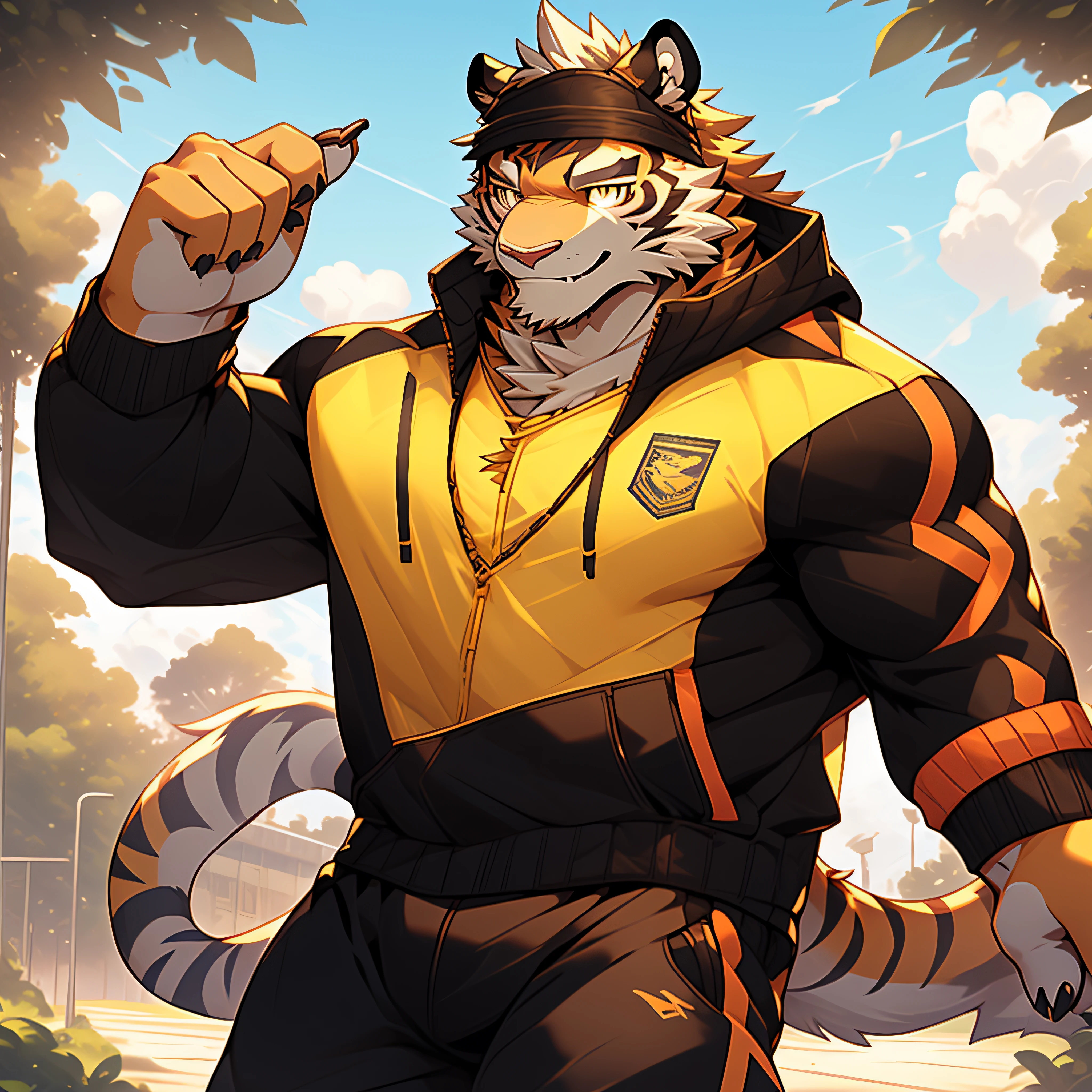 solo person,vectorial art,High quality illustrationtiz,tmasterpiece,Tiger orcs,Magnificent,Yellow fur,With black stripes,Physical Education Student,college aged,Youth,track suit,ssmile,Sunny weather,