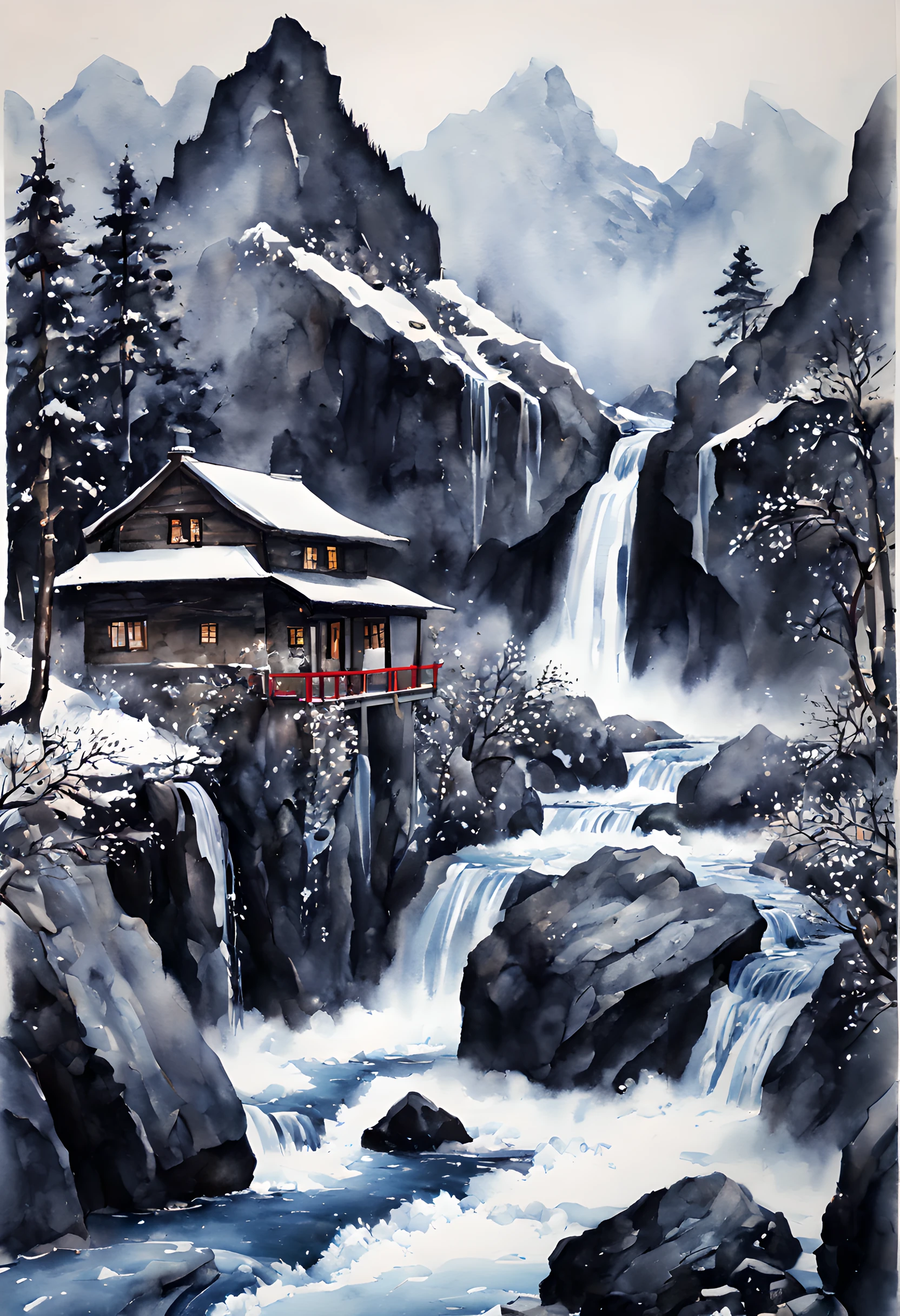 (ink and watercolor painting:1.5), (landscape painting:1.5), (mountain cabin:1.5), (Tasteful:1.5), (Winter Mountain Cabin:1.5), (Switzerland:1.5), (the Alps:1.5), (Snowy mountains in winter:1.5), (waterfall:1.5),(rock:1.5,(river:1.5),(tree:1.5),(ink-painting:1.5),(chinese style:1.5)