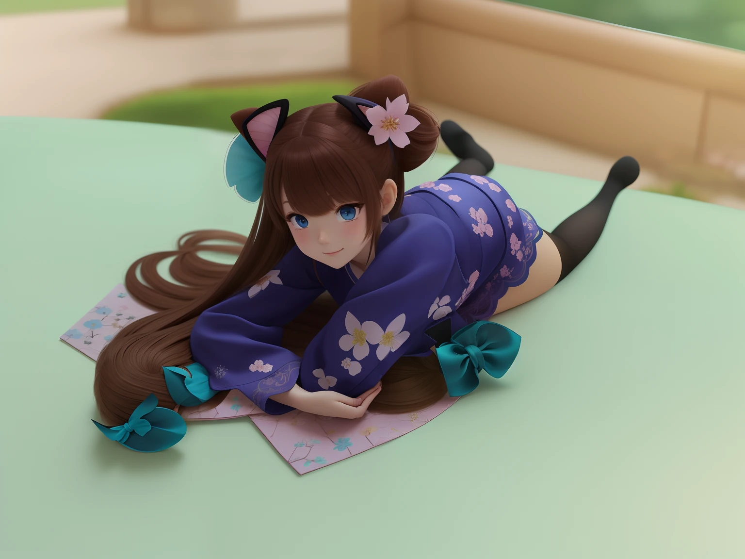 Illustration style, overhead view, dynamic angle, ultra-detailed, close-up shot of a girl with blue eyes, brown hair, and cat ears wearing a pink Miko outfit (1.4) and white stockings. She has bangs, an aura above or behind her head, and is looking at the viewer with a slight smile while showing her bare shoulders. The girl's hands are hidden behind her back while standing upright. She wears a cherry blossom hair accessory ([[0.55]::0.85]) and is surrounded by falling cherry blossoms, flowing water, a beautiful cherry blossom tree, and flying translucent blue butterflies (1.15). The scene is set near a shrine gate with ultra-detailed ruins in the background, an abysmal sea, and a dull blue world tree (1.14). The girl's delicate fingers and hands are emphasized with yubao (0.5).