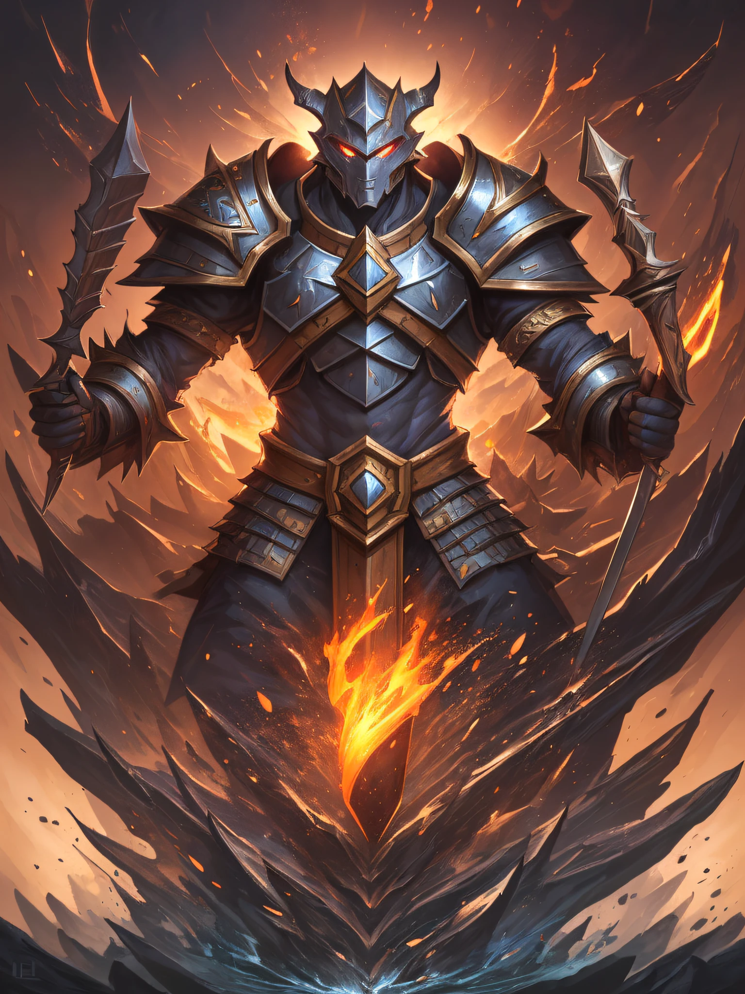 hearthstone card, front game card, from hearthstone, hearthstone card art, Card game, warrior, League of Legends character, League of Legends concept art, splash art, League of Legends splash art, official splash art, League of Legends art, League of Legends character art, League of Legends , League of Legends Splashart, skill power, concept art, best quality, detailed, best quality, high quality, High details, A close-up of a menu with a fantasy adventure theme background, Dungeons & Dragons RPG concept fantasy art and various icons, game interface, game interface, Game HUD, Game UI asset design, UI board, item art, Game icon asset, stylized game icon, Game style Hearthstone color, HUD health bar, PC screenshot, game screen, detailed screenshot, no volcano, game overlay, ...png, NO PREVIEW, A game-based battle card,To have various attributes such as:wind, fire, lightning, Dark Earth, gold, Wood, water, ice。Other systems make their own edits。monster holding a sword bright in his hand, weapon concept art fantasy, skiil power, surrounding the weapon dark energy, (Best Quality,4K,High resolution), Berserk-inspired armor, medieval outfits, battle-worn details, intricate engravings, oversized weapons, style of Kentaro Miura, stark contrasts, heavy shadows, detailed line work, intense battle scenes, muscular anatomy, an epitome of lethal beauty and arcane power, Dynamic lighting, fiery glow, Digital Art, Energetic, Intense, Dynamic Lighting, Fantasy, High Realism, Fiery Illumination concept art, splash art --niji 5 --auto --s2