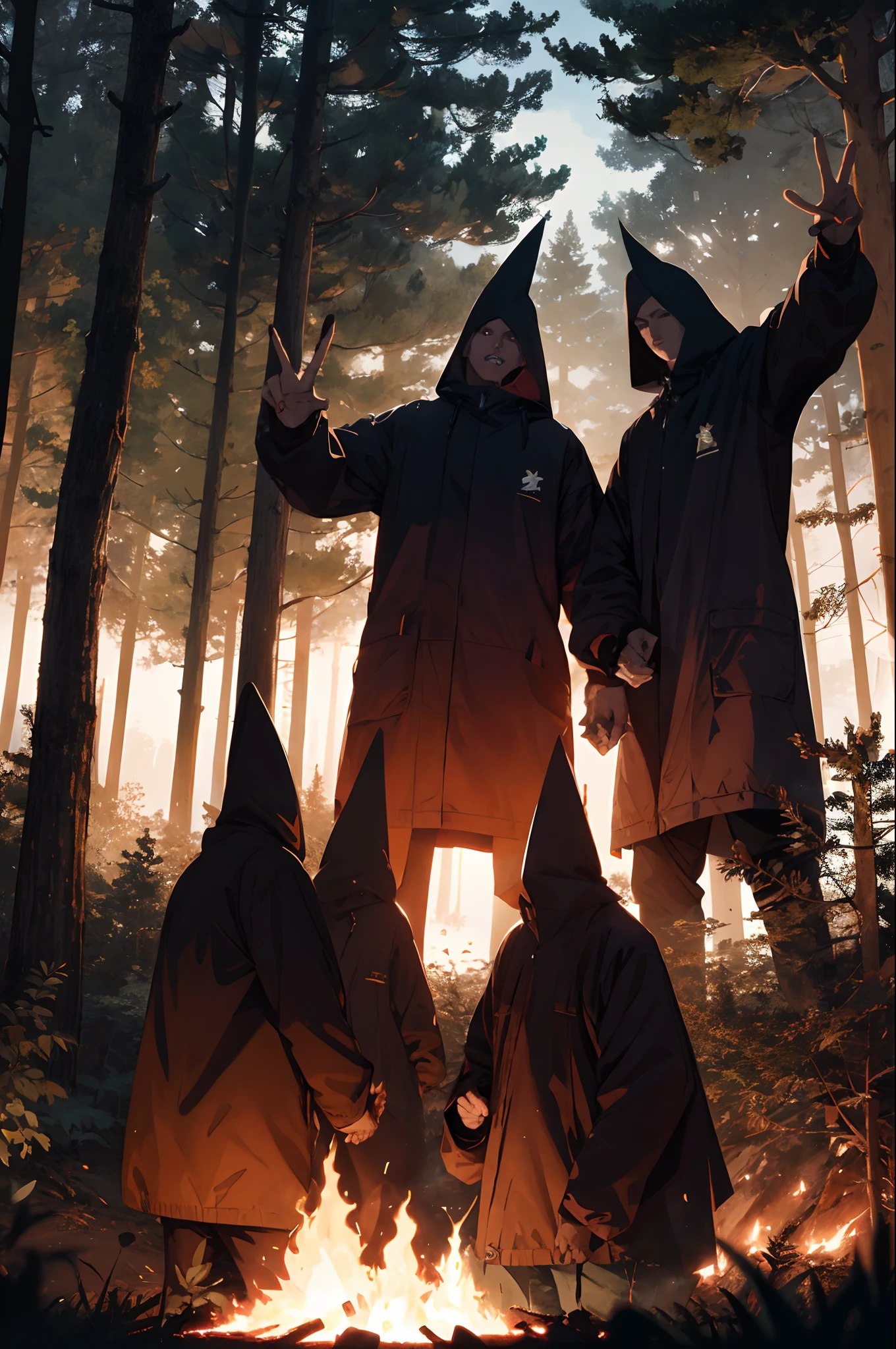 KKK throwing up gang signs in forest in the dark with a fire behind them