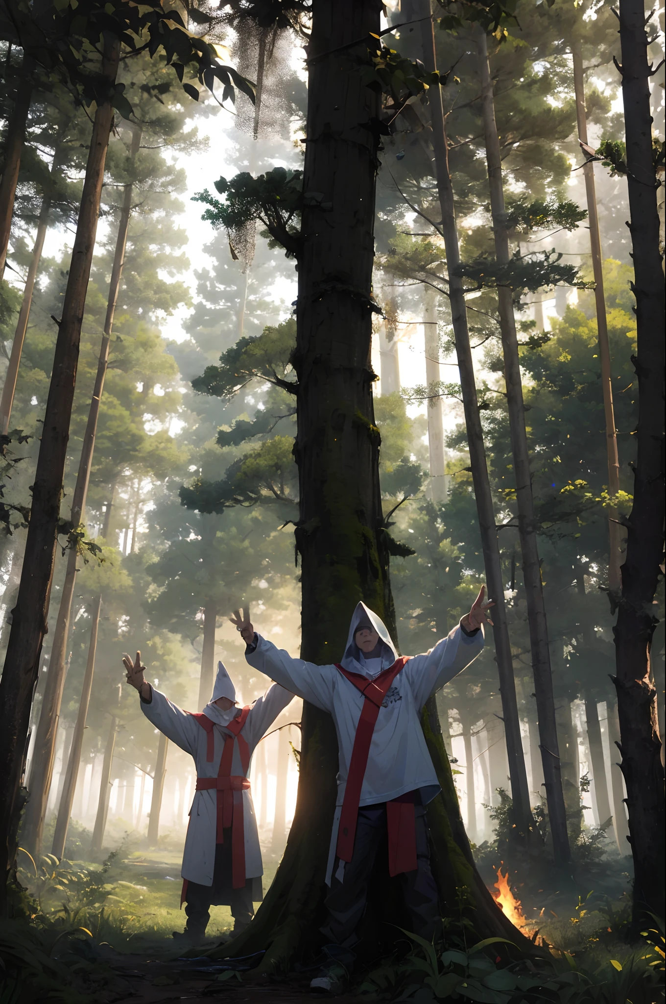 KKK throwing up gang signs in forest in the dark with a fire behind them