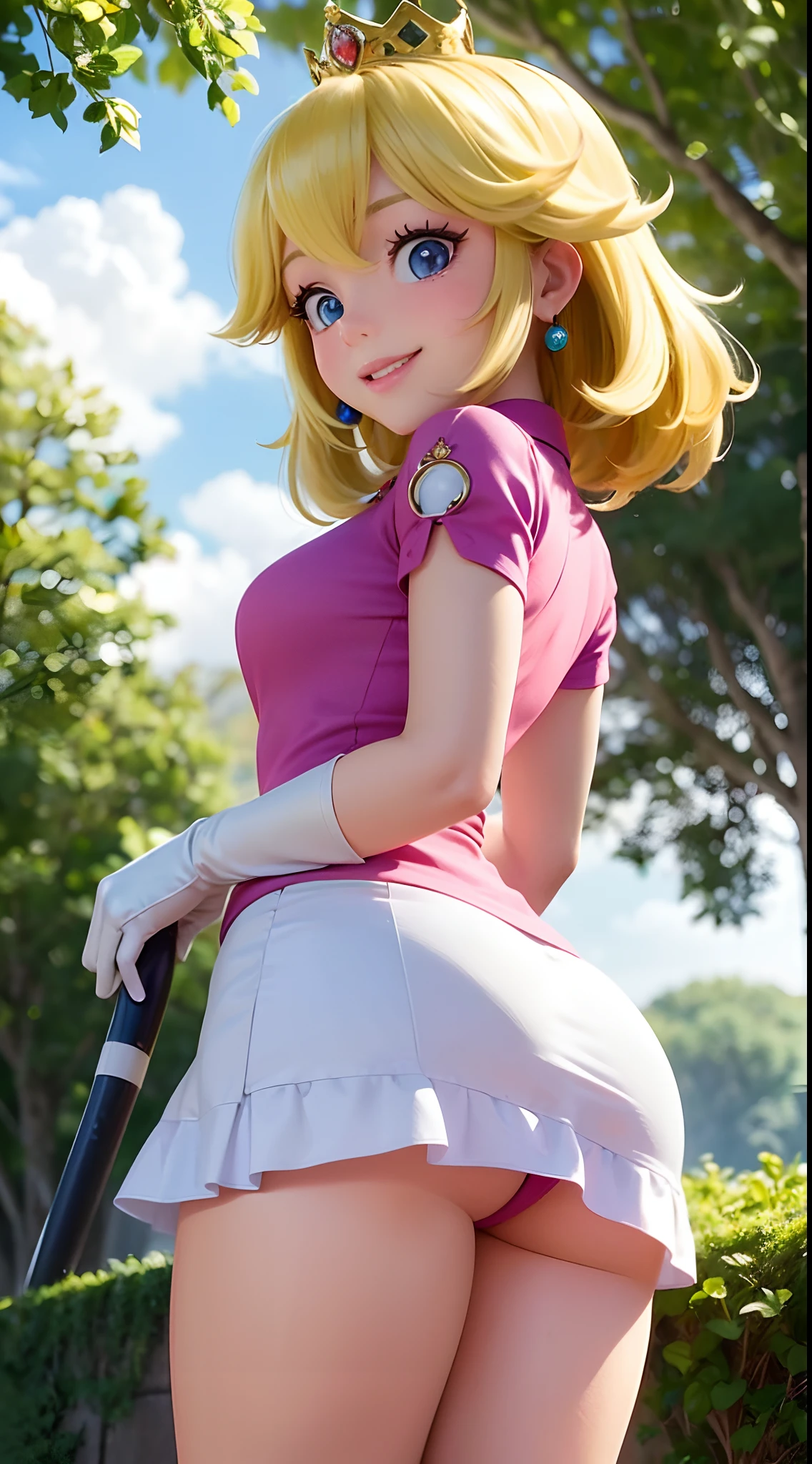 (Outside with beuatifull greenery,)  A ite Princess Peach wearing a gorgeous pink polo shirt along with a short white skirt, she is gentle and compassionate and is shown smiling gently, she is over 6 feet tall and wears a golden crown atop her blond hair and white golfing gloves. With a focus on her large alluring chest, ( large chested), she is depicted in a close-up shot from below, peach shaped butt.