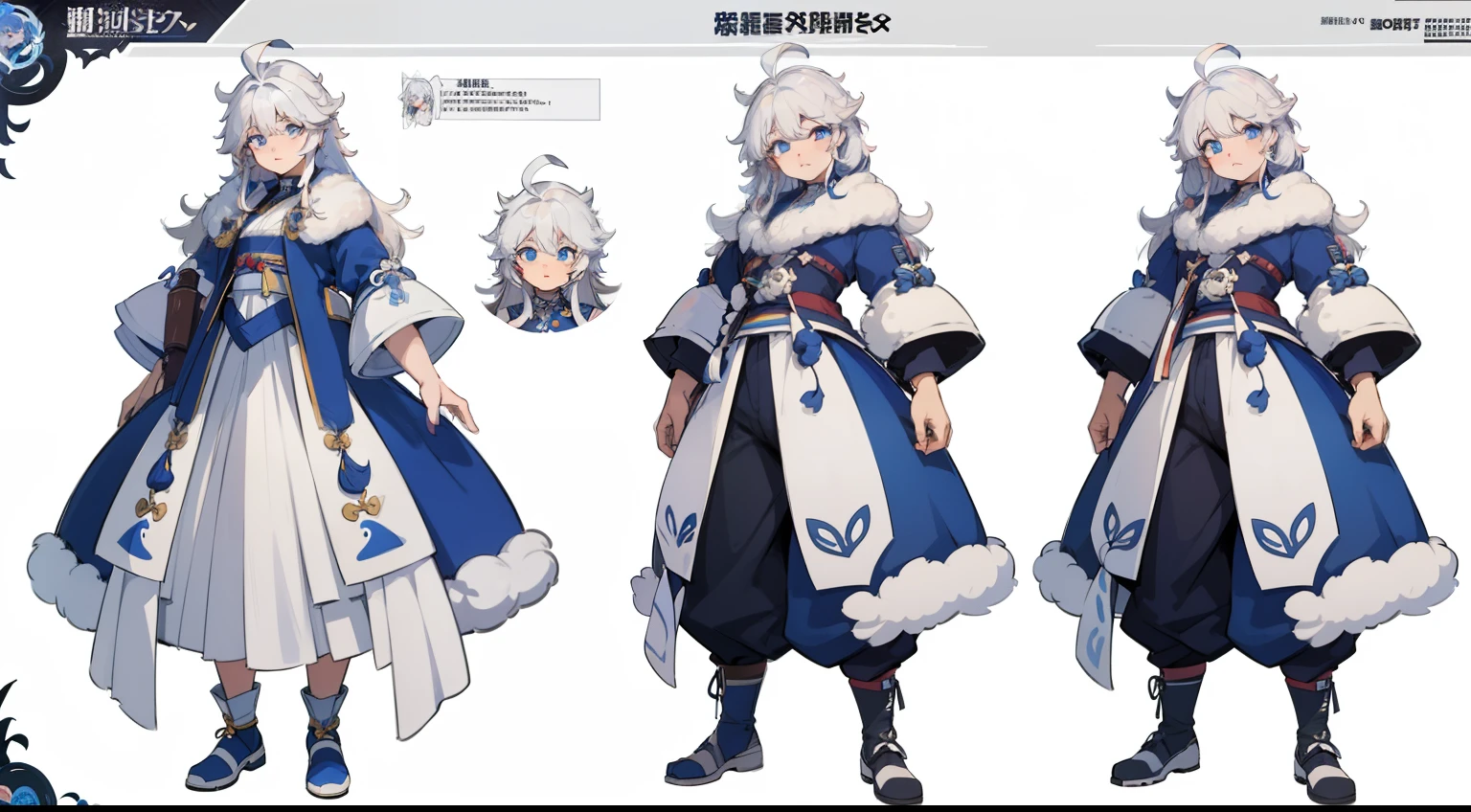 ((Masterpiece, Highest quality)), Detailed face, character sheets, full bodyesbian, 1boys,shoun,children's,Babe, Blue eyes, White hair, Long hair, Messy hair, Soft and fluffy hair, hair between eye,Tibetan costumes,Full of details, Multiple poses and expressions, Highly detailed, Depth, Many parts