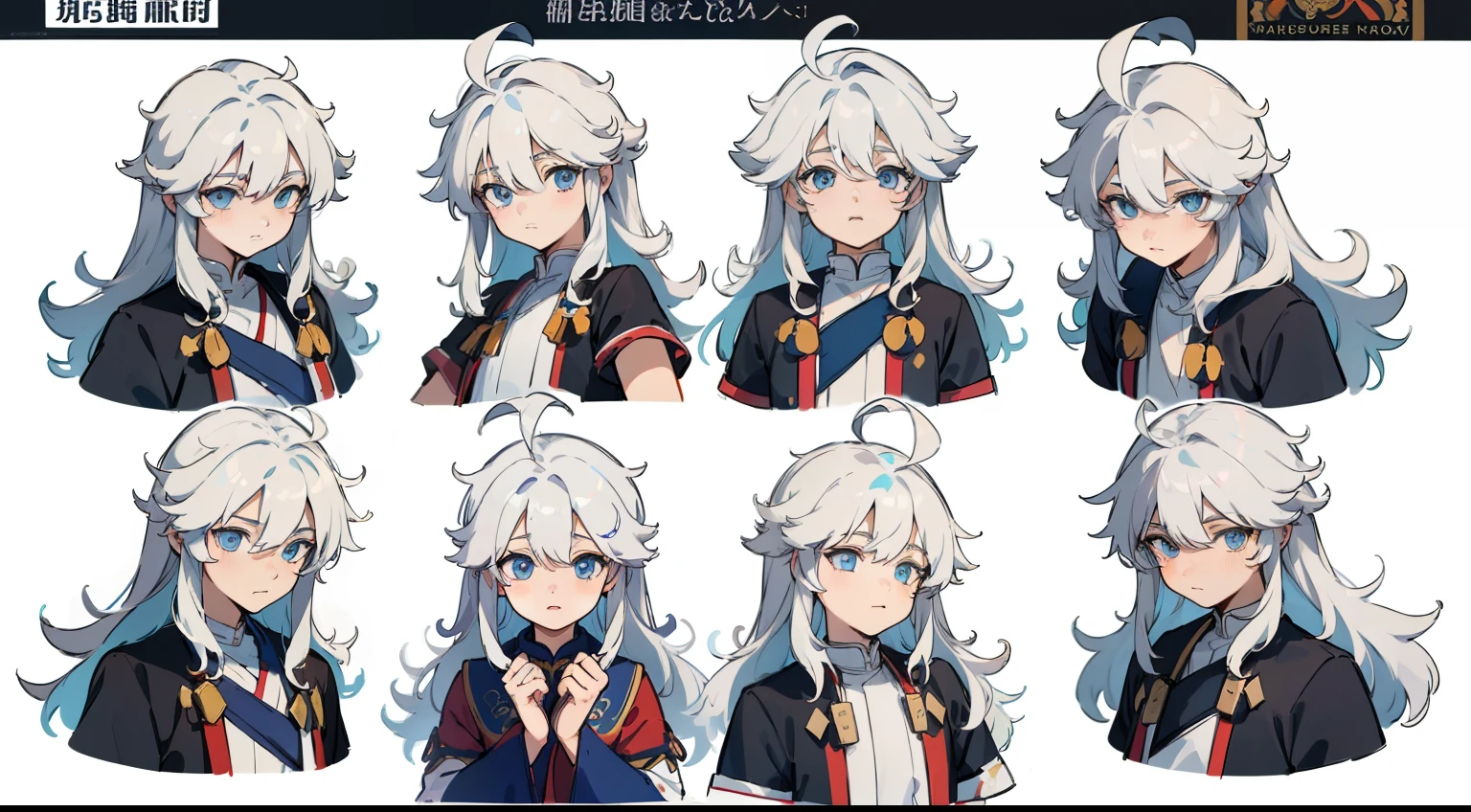 ((Masterpiece, Highest quality)), Detailed face, character sheets, full bodyesbian, 1boys,shoun,children's,Babe, Blue eyes, White hair, Long hair, Messy hair, Soft and fluffy hair, hair between eye,Tibetan costumes,Full of details, Multiple poses and expressions, Highly detailed, Depth, Many parts