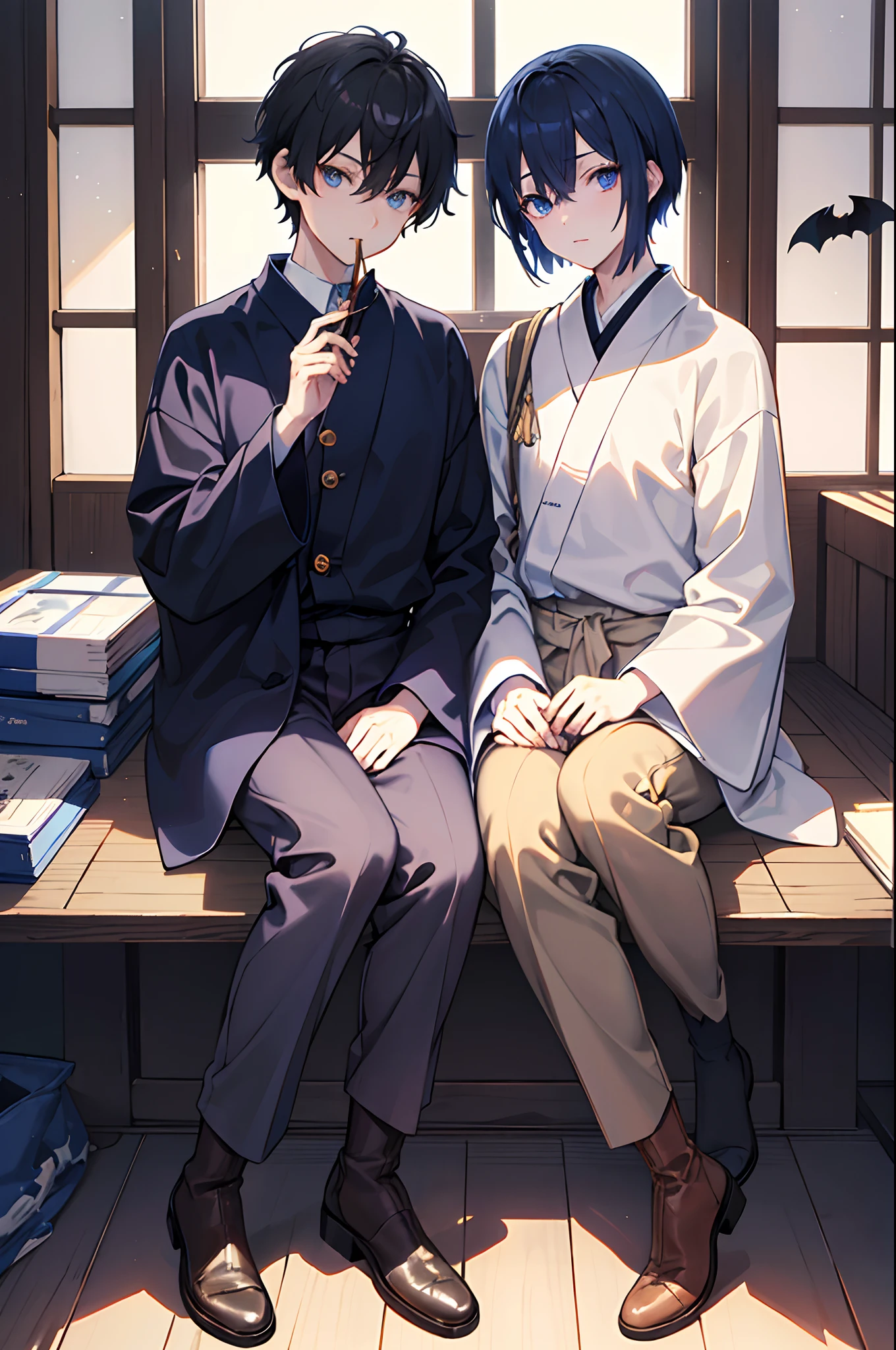 male people 　Dark blue short hair　blue eyess　Sweaters　Brown Slacks　long boots　Japanese houses　in the room、Eat oden　Halloween　the bats　​masterpiece　Top image quality　Clear Parts Cinematic Shadows　Increased attractiveness of the eyes　Clear the shine of the eyes　Draw eyelashes neatly　Perfect Eye　A detailed eye　Sharpen image quality　Sharpen eye writing　Clear eye shape