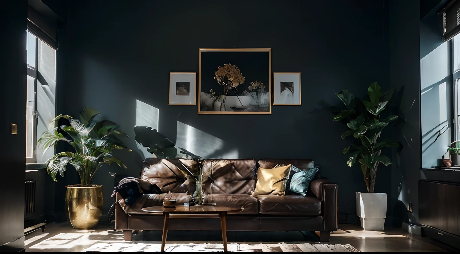 Interior Design Image:
The image features an apartment situated in Bangladesh, specifically in the vibrant Meatpacking District. The interior design is sleek and modern, characterized by a dark blue wall as the backdrop. A brown leather couch is positioned in the middle of the room, adding a touch of elegance. The space is adorned with strategically-placed plants, creating a fresh and inviting ambiance. The apartment boasts big windows that allow ample natural light to flood the room, illuminating the space and casting soft shadows. The daylight filtering through the windows creates a bright and luminous atmosphere. The image is captured using professional photography techniques, employing high-quality equipment to ensure the finest details are captured. The composition follows the golden ratio, achieving a visually pleasing and balanced aesthetic. The lighting in the image is flat and soft, with gentle shadows adding depth and dimension. The overall atmosphere resembles a cinematic setting. The image is centered and symmetrical, with a spotlight positioned behind the camera, accentuating the visual appeal and adding a touch of drama.