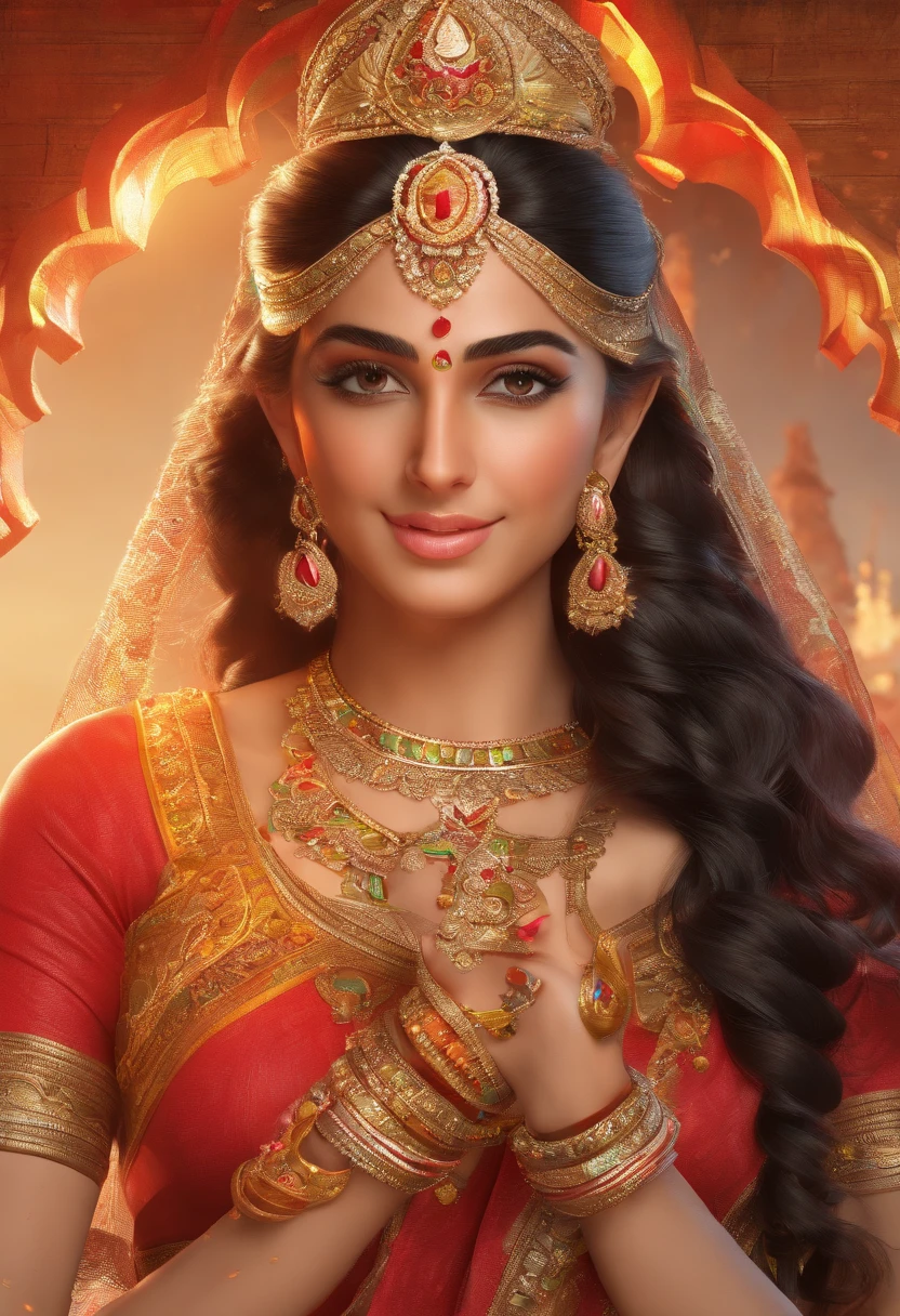 Masterpiece, highres,Indian goddess, perfect body, full body,beautiful,representing fire,wearing embroidered saree,showing naval, jewelleries, bangles, great artwork