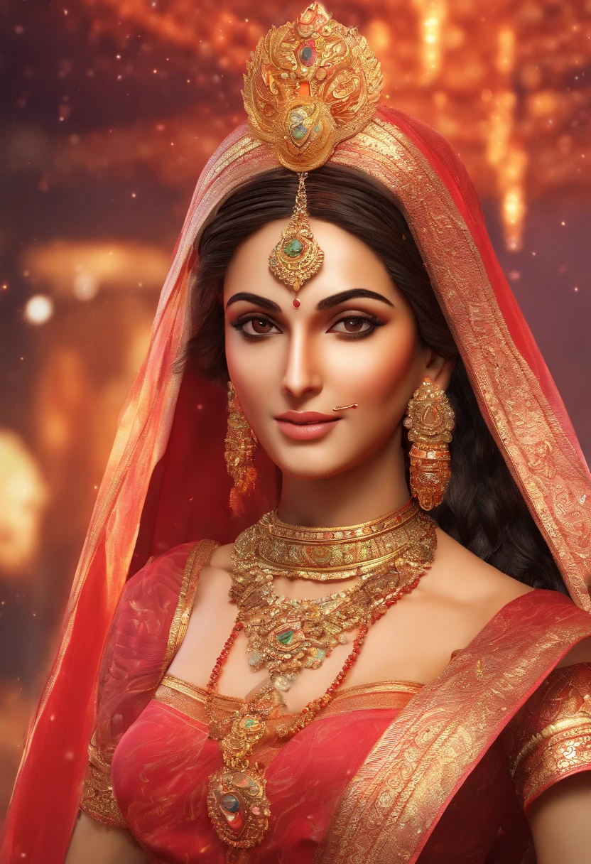 Masterpiece, highres,Indian goddess, perfect body, full body,beautiful,representing fire,wearing embroidered saree,showing naval, jewelleries, bangles, great artwork