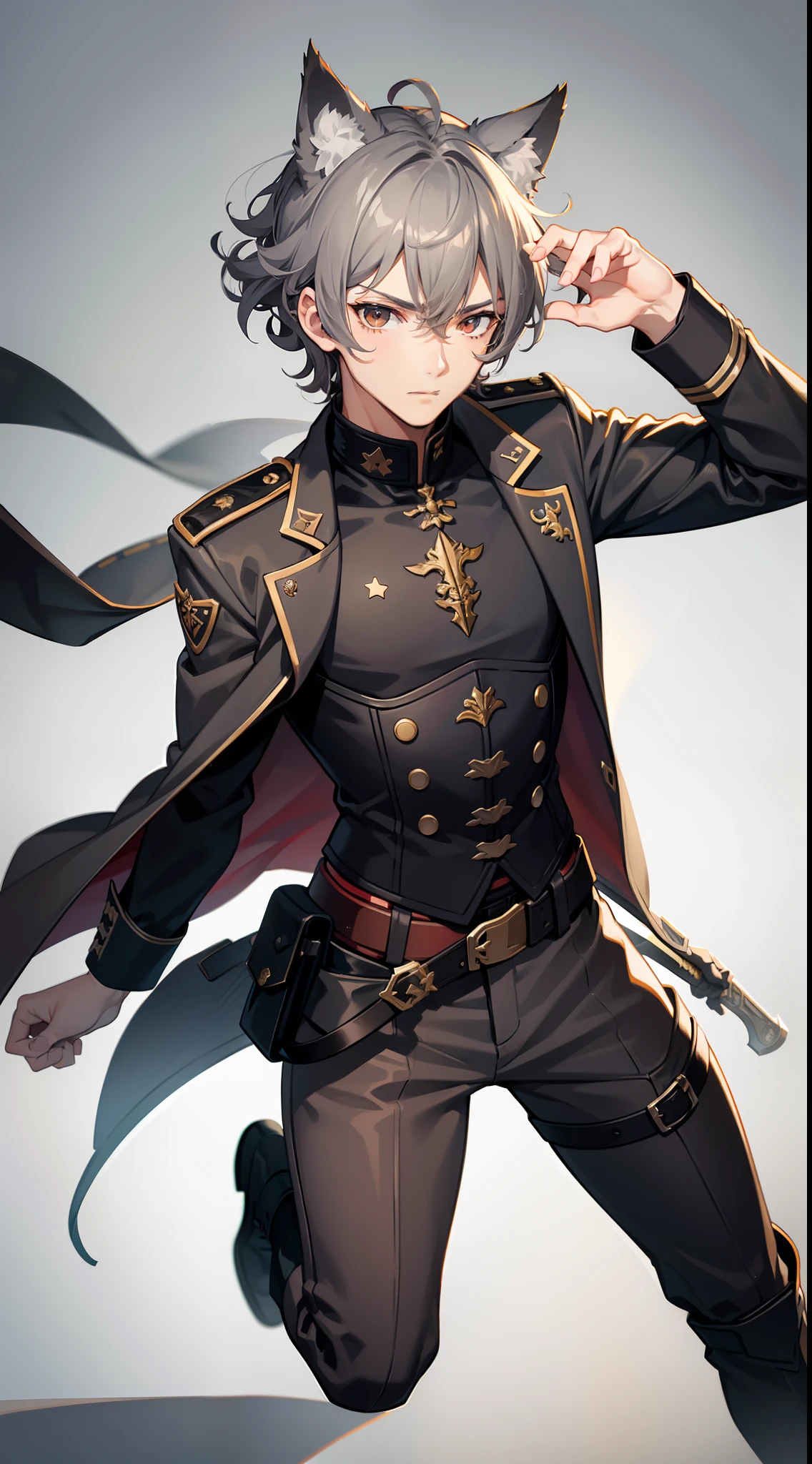 Young guy, gray curly hair, square, brown eye, cat ears, Grey Combat Jacket, breeches, claws, fiery sword, Masterpiece, hiquality, 4k, HD, Good detail