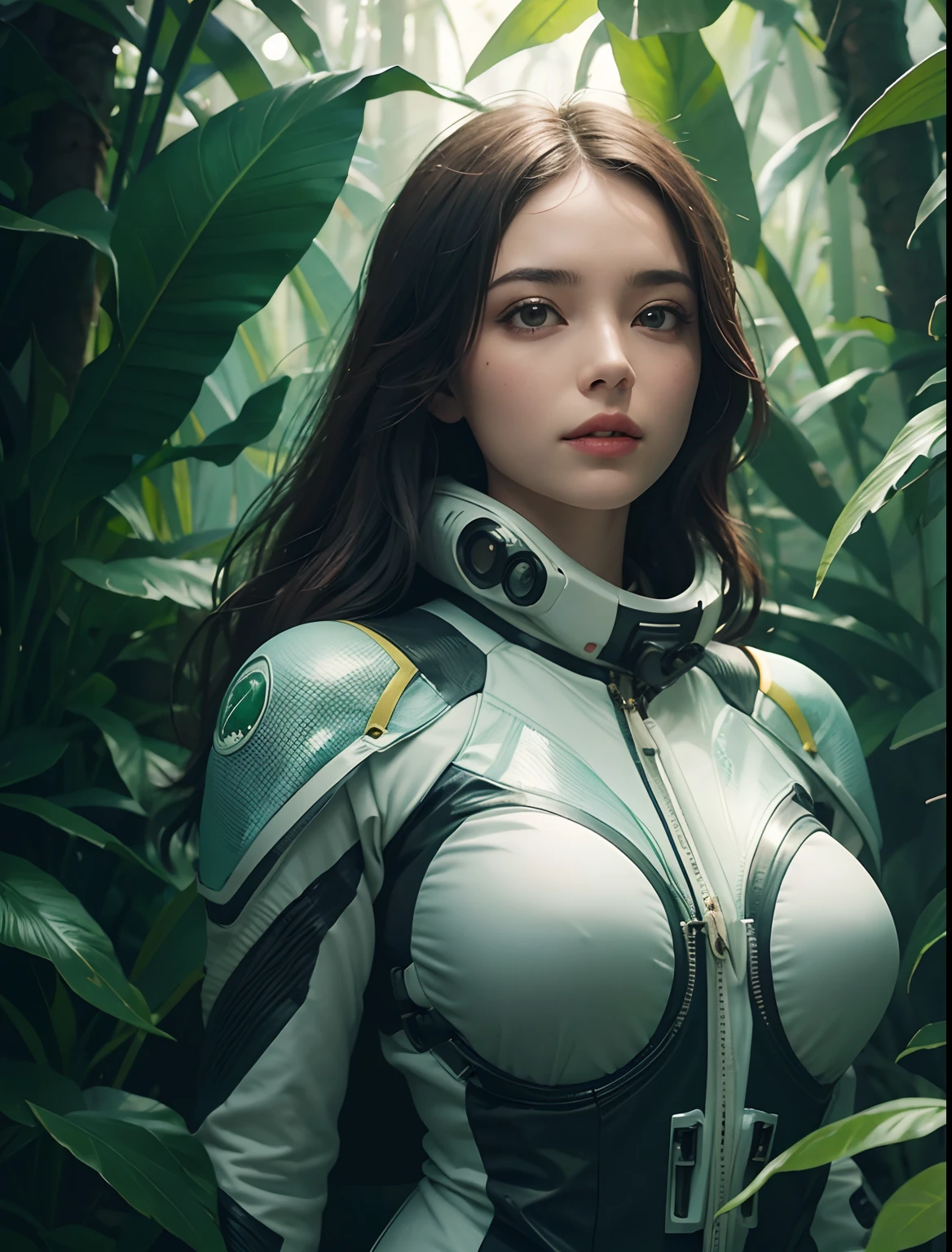 Upper body close-up image.A beautiful woman stands in the jungle. She is wearing something like a spacesuit. 8K quality.