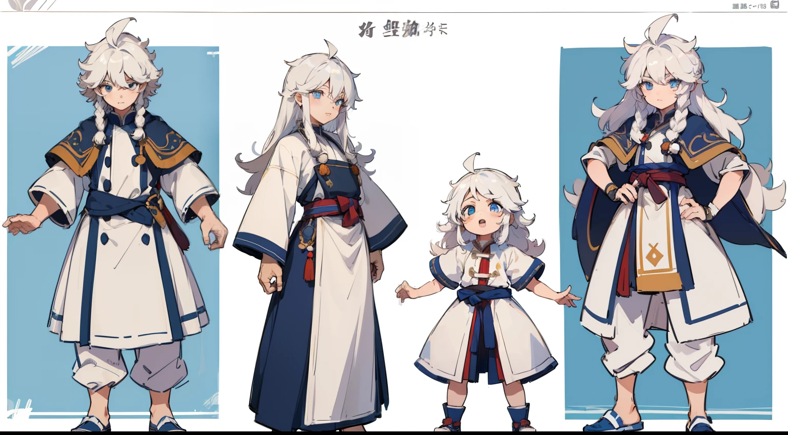 ((Masterpiece, Highest quality)), Detailed face, character sheets, full bodyesbian, 1boys,shoun,children's,Babe, Blue eyes, White hair, Long hair, Messy hair, Soft and fluffy hair, hair between eye,Tibetan costumes,Full of details, Multiple poses and expressions, Highly detailed, Depth, Many parts