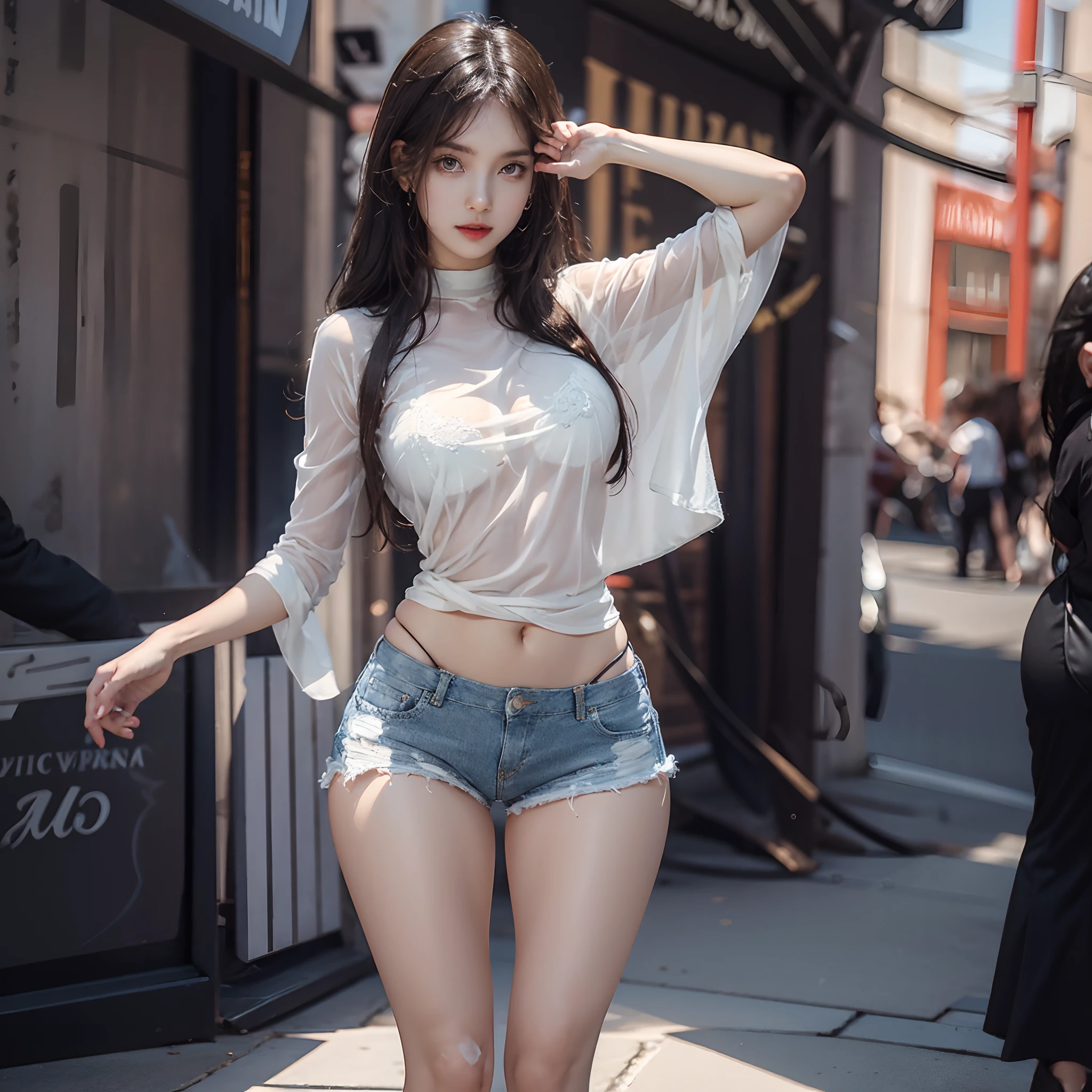 There is only one beauty in the picture，white see-through clothes，Denim super shorts，grown woman，Glamorous，adolable，Dark tones of the background，463*1024 smartphone wallpapers