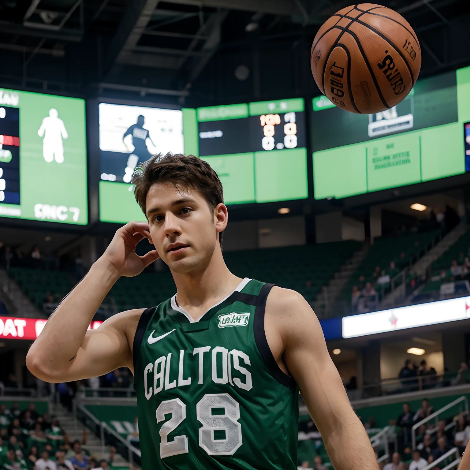 Ryan playing basketball in a Celtics jersey