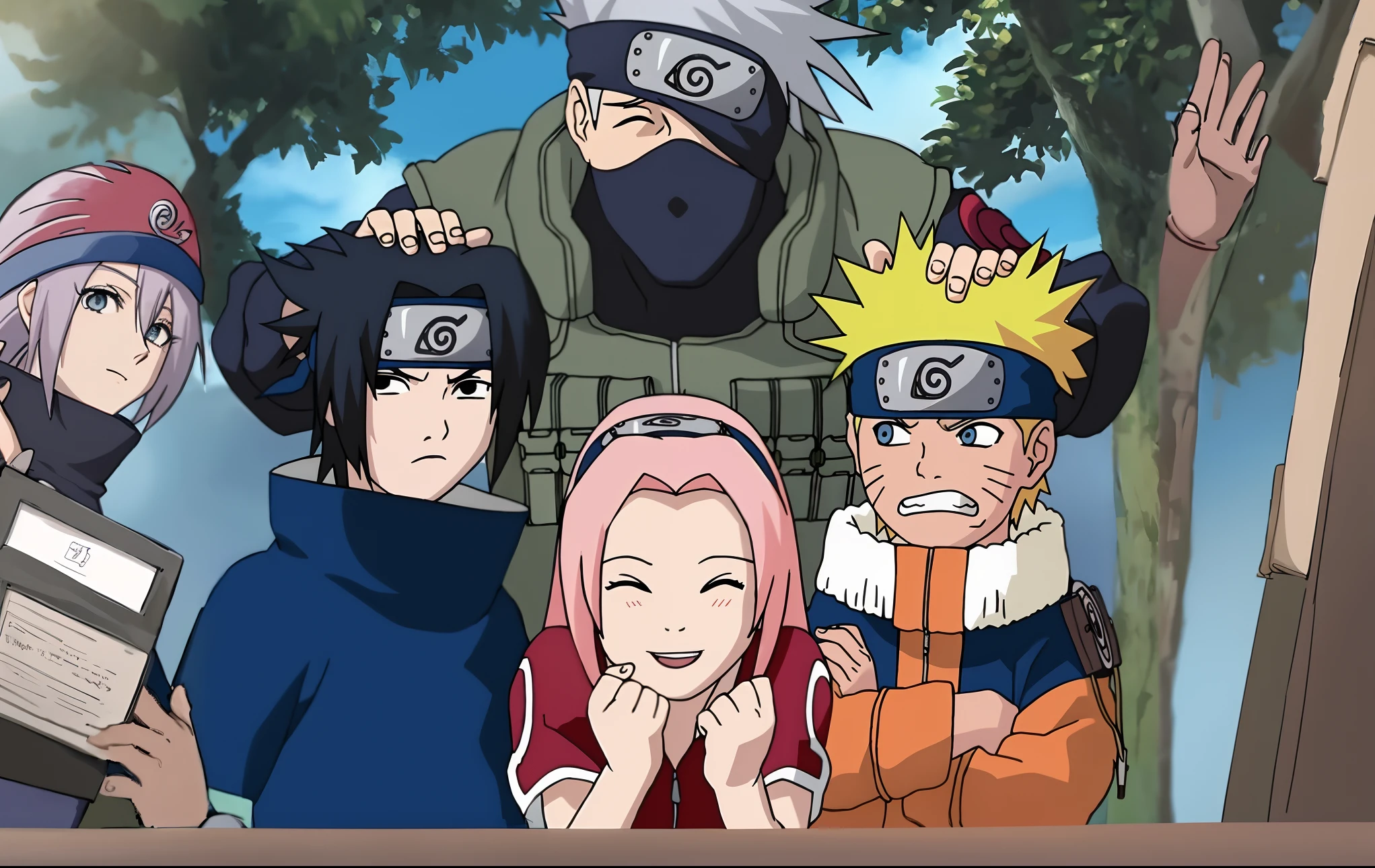 A group of people with hair and hats of different colors, de Naruto, haruno sakura, Sakura Haruno no modo Slug Sage, sakura haruno, Naruto, Obra-prima do anime, estilo anime", Naruto artstyle, kakashi hatake, filme anime de alta qualidade ainda, Anime de hoje ainda em destaque, anime ainda, dor de Naruto, acampamento yuru anime, anime!