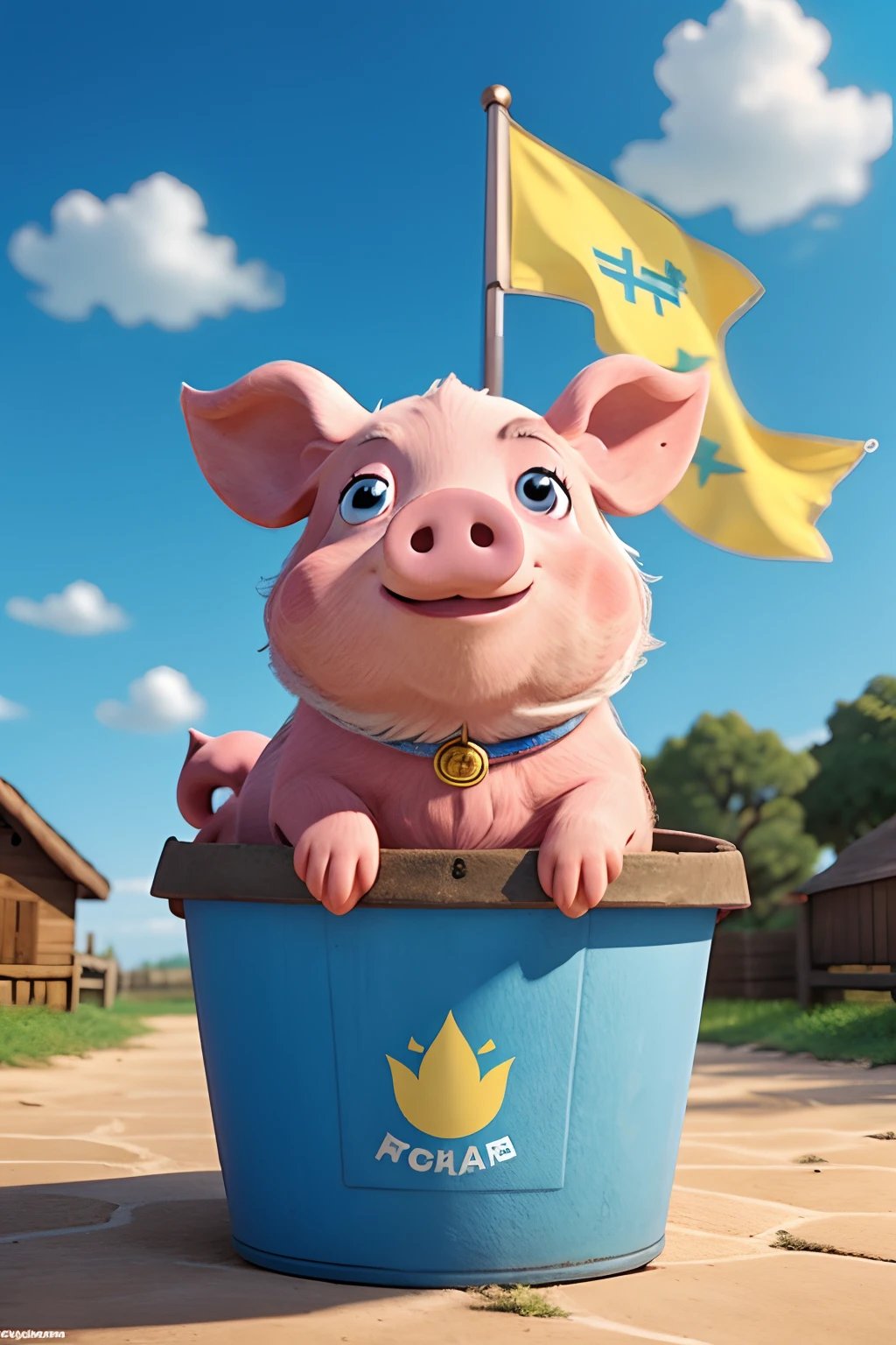 Pig sitting in a bucket with Ukrainian flag