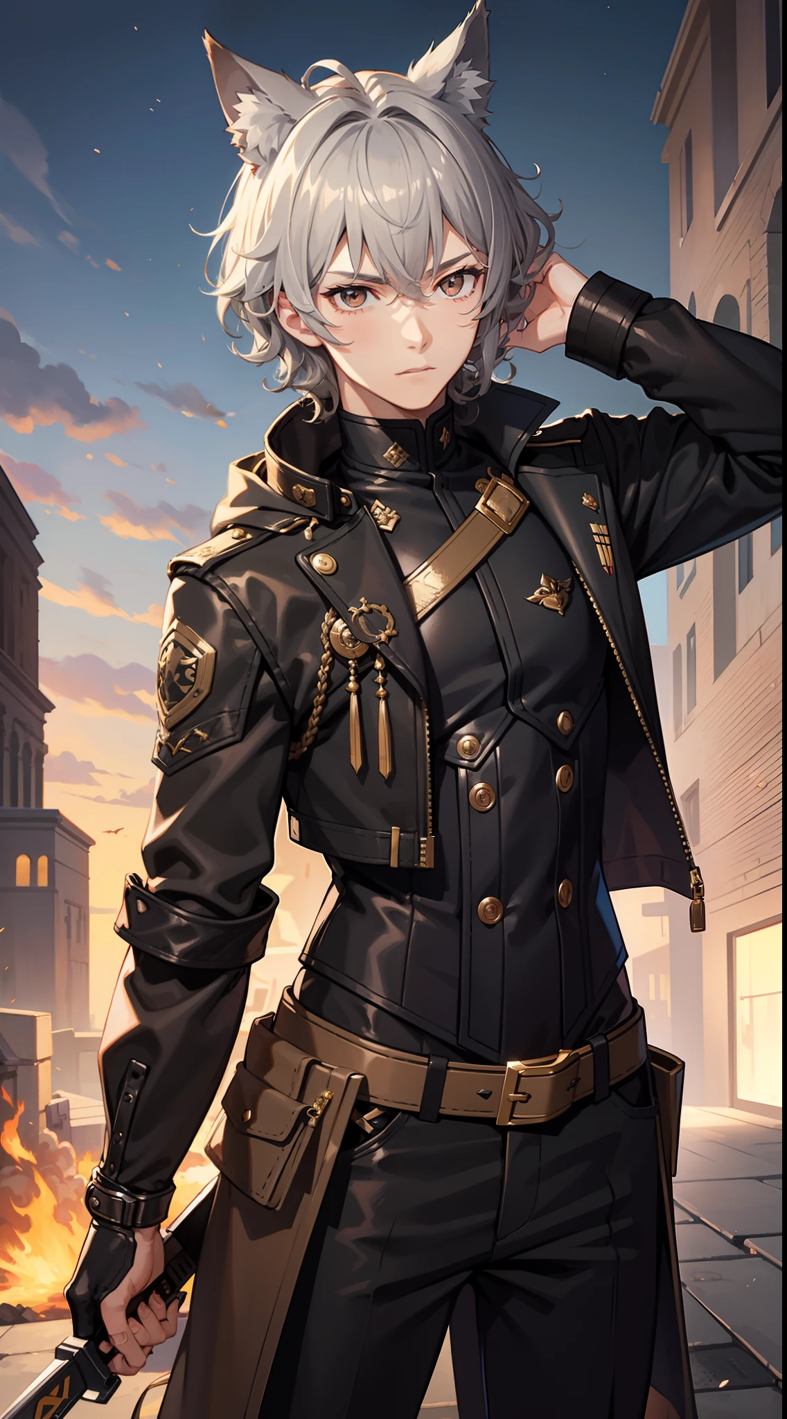 Young guy, gray curly hair, square, brown eye, cat ears, Grey Combat Jacket, breeches, claws, fiery sword, Masterpiece, hiquality, 4k, HD, Good detail