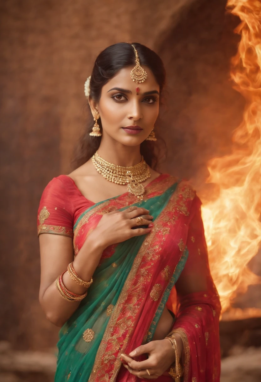 Masterpiece, highres,Indian goddess, perfect body, full body,beautiful,representing fire,wearing embroidered saree,showing naval, jewelleries, bangles, great artwork