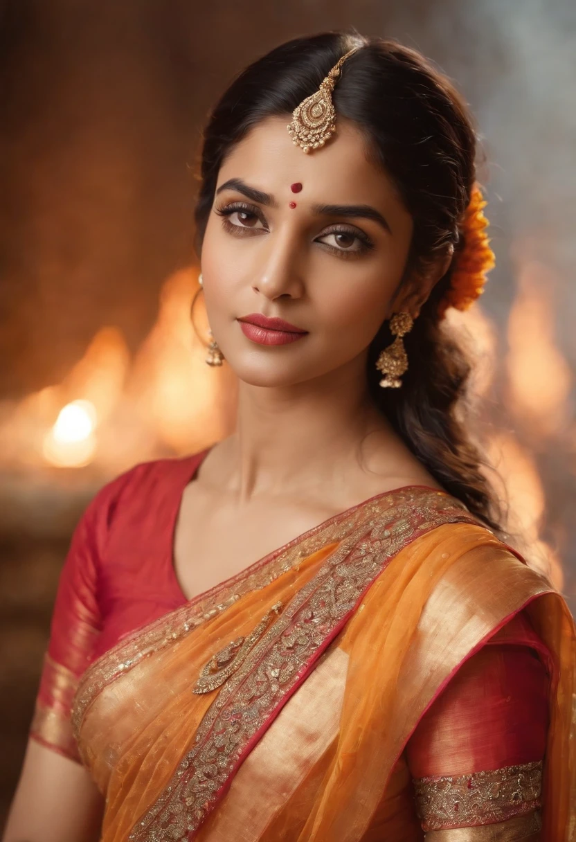 Masterpiece, highres,Indian goddess, perfect body, full body,beautiful,representing fire,wearing embroidered saree,showing naval, jewelleries, bangles, great artwork