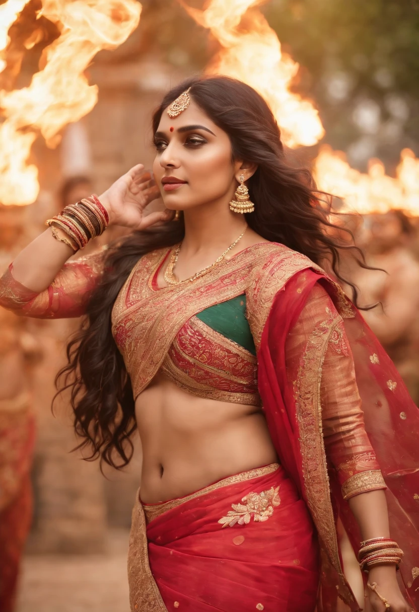 Masterpiece, highres,Indian goddess, perfect body, full body,beautiful,representing fire,wearing embroidered saree,showing naval, jewelleries, bangles, great artwork