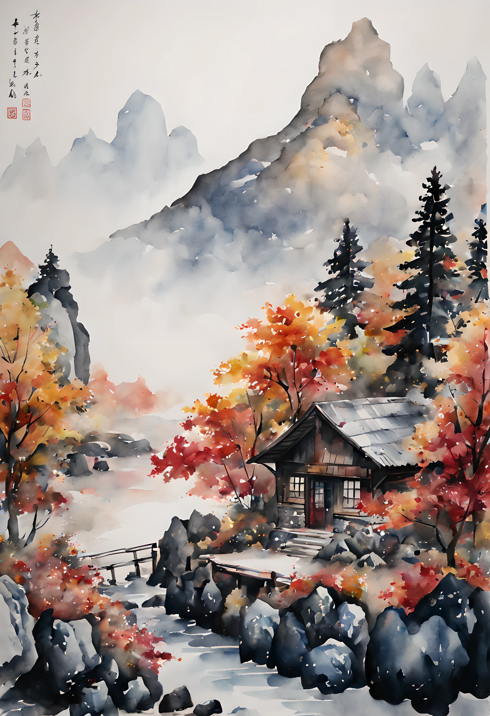 (ink and watercolor painting:1.5), (Landscape painting:1.5), (Mountain Cabin (Mountain Cabin):1.5), (Tasteful:1.5), (Autumn Mountain Cabin (秋 Mountain Cabin):1.5), (Switzerland:1.5), (the Alps:1.5), (Colored leaves:1.5), (Rock:1.5，(tree:1.5)，(ink and watercolor painting:1.5)，(Chinese style:1.5)