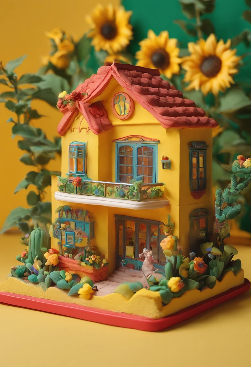 Sunflower House Gloria Studio, The garden is full of sunflowers, Clay material, Cartoonish design style, POP MART, Soft lighting, smooth lines, Tilt-shift lens, Detailed sci-fi illustrations, super realistic details, warm color
