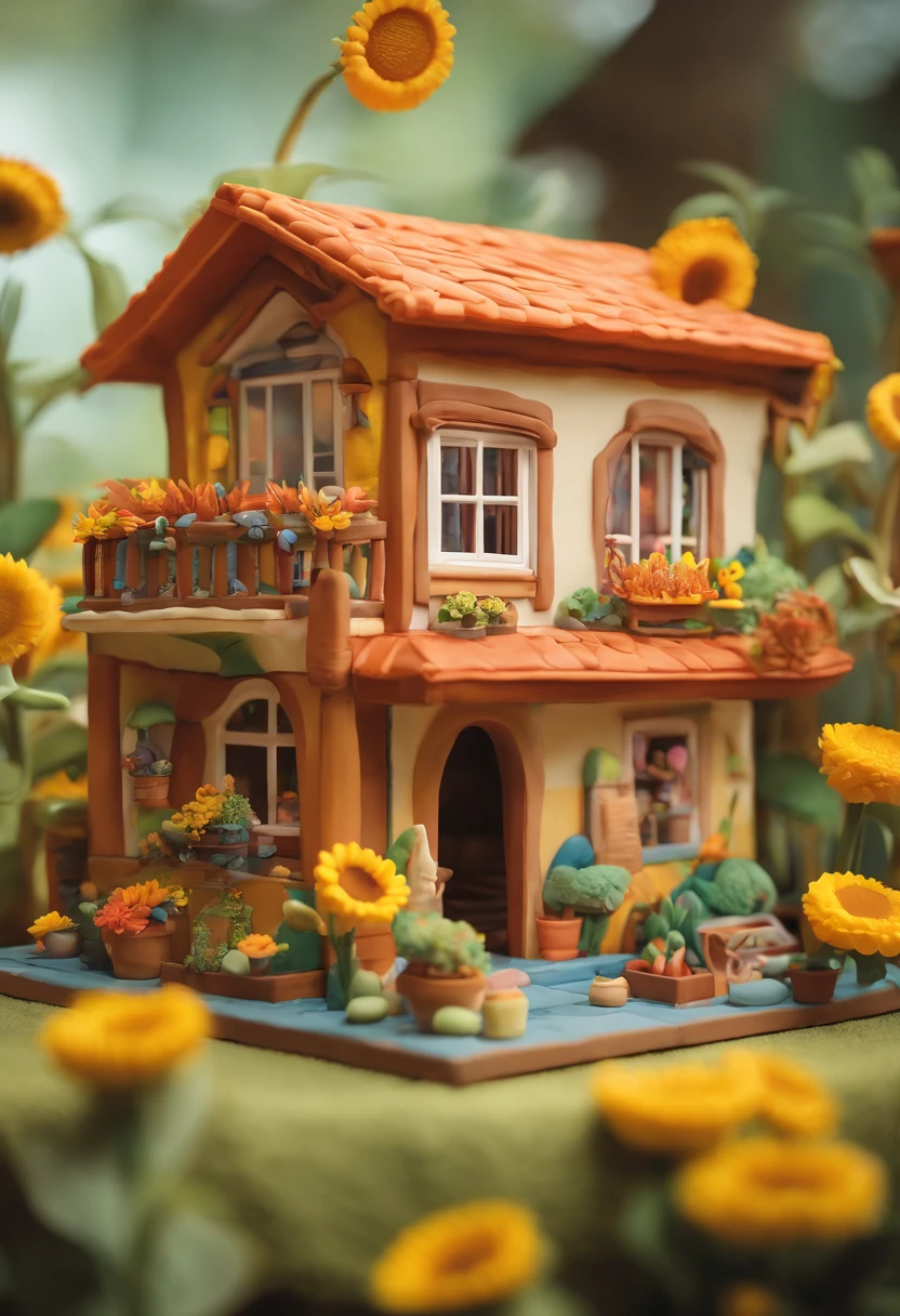Sunflower House Gloria Studio, The garden is full of sunflowers, Clay material, Cartoonish design style, POP MART, Soft lighting, smooth lines, Tilt-shift lens, Detailed sci-fi illustrations, super realistic details, warm color