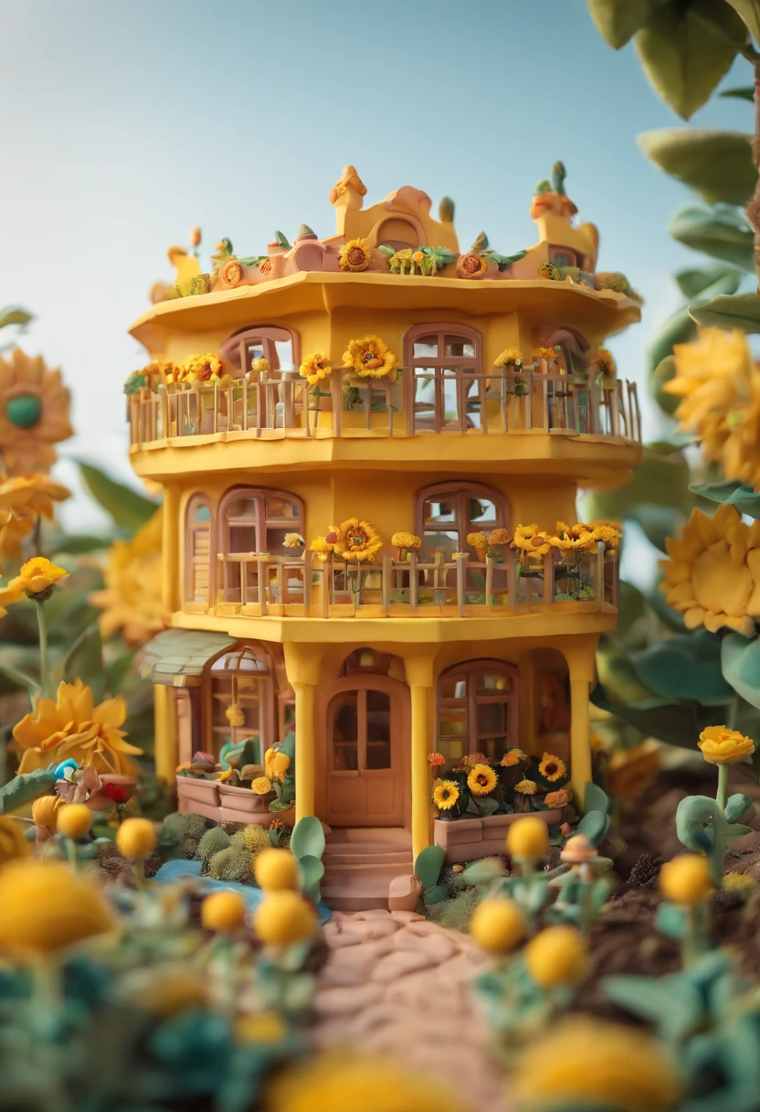 Sunflower House Gloria Studio, The garden is full of sunflowers, Clay material, Cartoonish design style, POP MART, Soft lighting, smooth lines, Tilt-shift lens, Detailed sci-fi illustrations, super realistic details, warm color