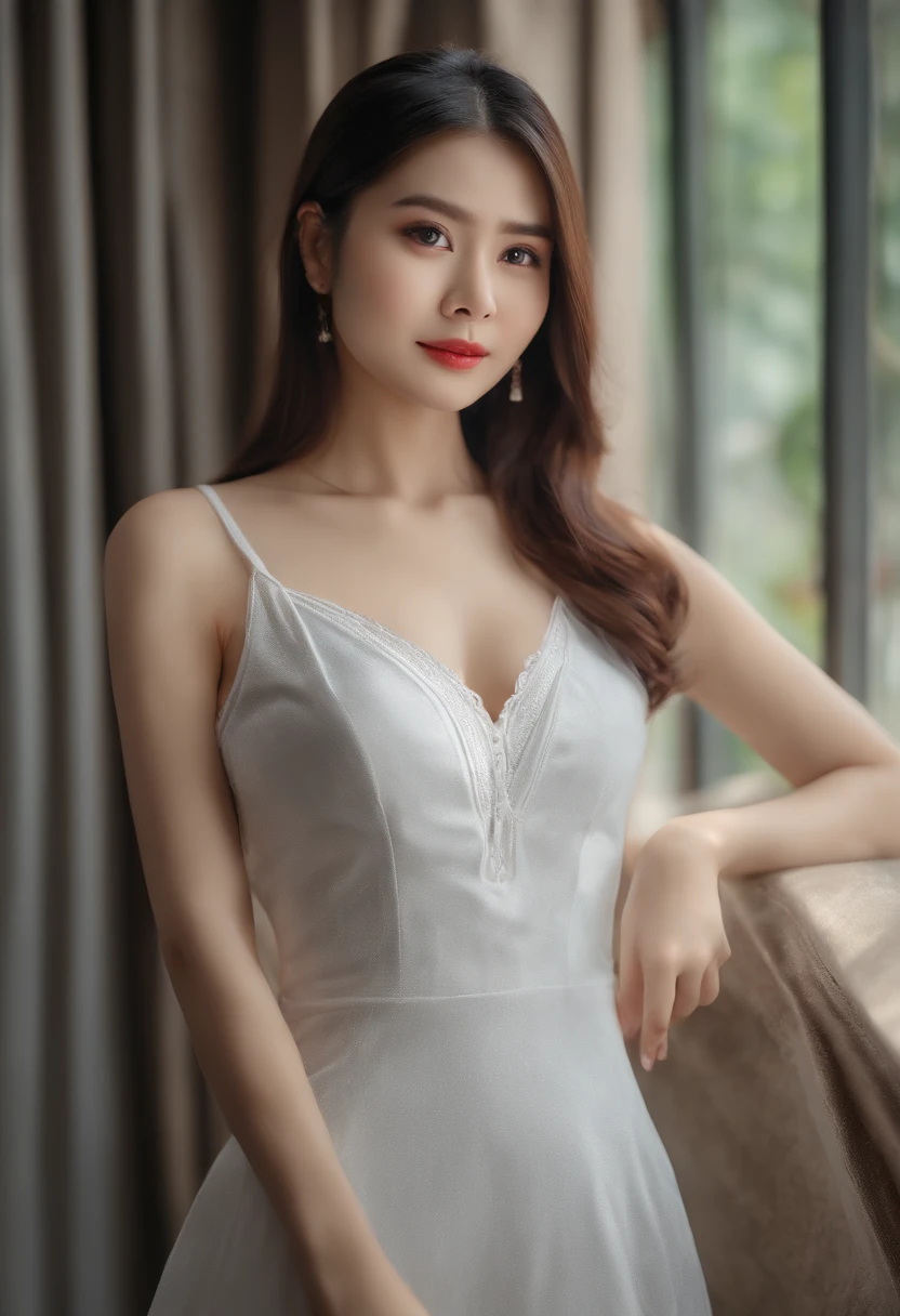 Masterpiece,(((Full Image))),All body in frame,(((Warm White Light))),(4K photos:1.1),(clear focus:1.3),Highly detailed, wearing a tight Thai college uniform.,beautiful detailed face,A woman with shoulder-length black hair.,looking into camera,It looks like actress Arachporn Pokinpakorn., Panasonic Lumix S Pro F 50mm/1.4, , photorealistic portrait, (Attractive girl:1.3), (seduce:1.1), (red face:1.1), Hourglass chassis shape, large round breasts, Ass Accent, Ass Accent,