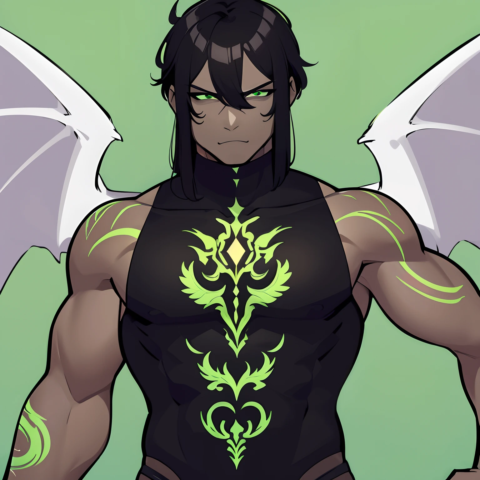 1man, black hair, glowing green eyes, muscles, light tattoos, abs, long black hair, draconic, dragon wings, serious expression, menacing