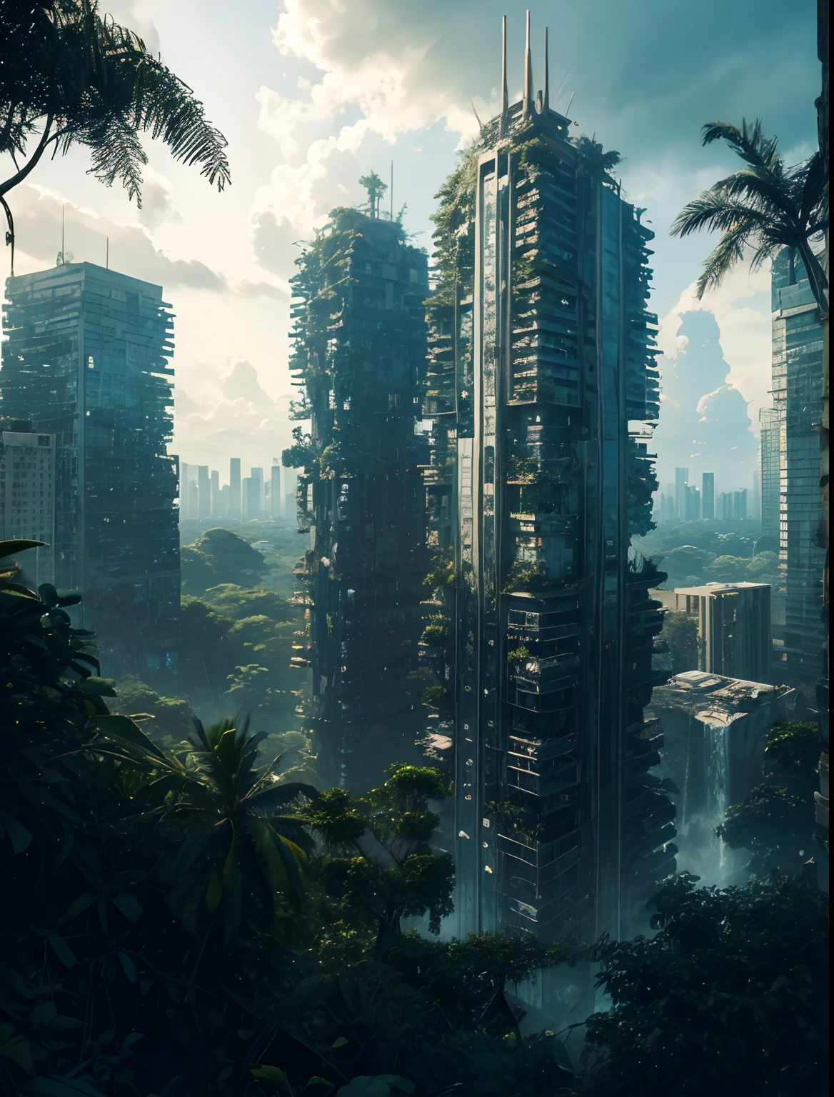 A group of skyscrapers half-buried in the jungle. Some buildings are partially destroyed. A lost civilization. 8K image quality.The sky was gloomy and cloudy.