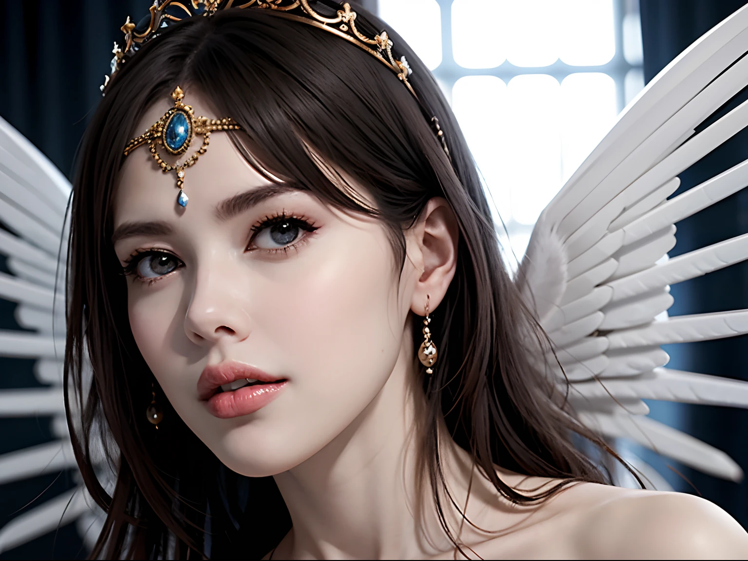 Ultra-detailed complex 3D rendering of the face, (Colossal: 8.8), (masterpiece, top quality, octane rendering, 8K), glamour shot full body image, , (highly detailed skin: 1.2), (exposure: 1.1), (blonde), (wearing a plummet tank top of gold silk: 1.5)), blonde hair, beautiful Caucasian woman with full soft breasts te skin, one with big ass, long braidhair, big breasts, dynamystical expression, ultra-realistic photography, (((((portrait))), bare feet, futuristic city background, facial muscles, detailed and beautiful queen tiara, in the style of Marvel Comics, clear focus, studio photography, intricate details, highly detailed, detailed yellow eyes, sharp focus, digital rendering, professional, abs, (((((sexy pose))), natural jungle,en mouth lightly, mansuji, crotch open, seductive look, angel ring, detailed angel wings, angel ring, detailed and beautiful mouth, detailed jewelry necklace, perfect body beauty: 1.4, shining light particles, very ridiculous, ridiculous,