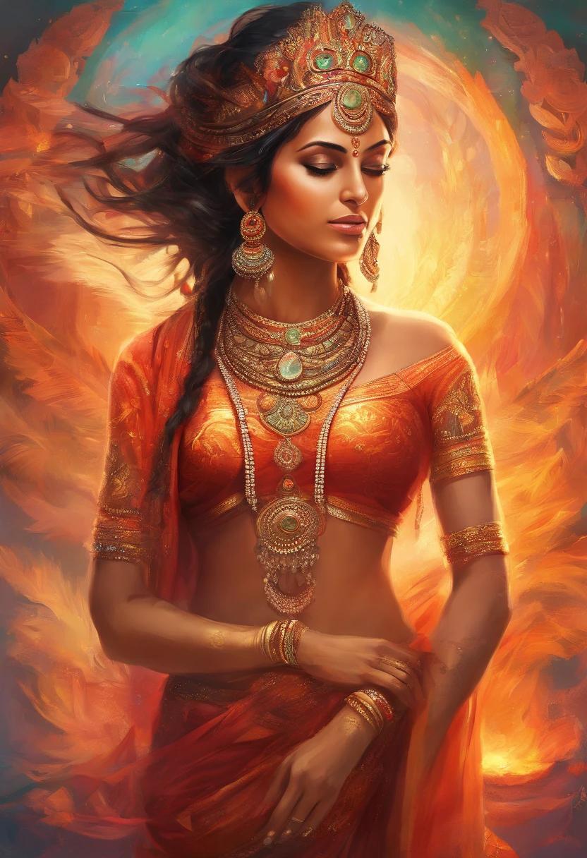Masterpiece, highres,Indian goddess, perfect body, full body,beautiful,representing fire,wearing embroidered saree,showing naval, jewelleries, bangles, great artwork