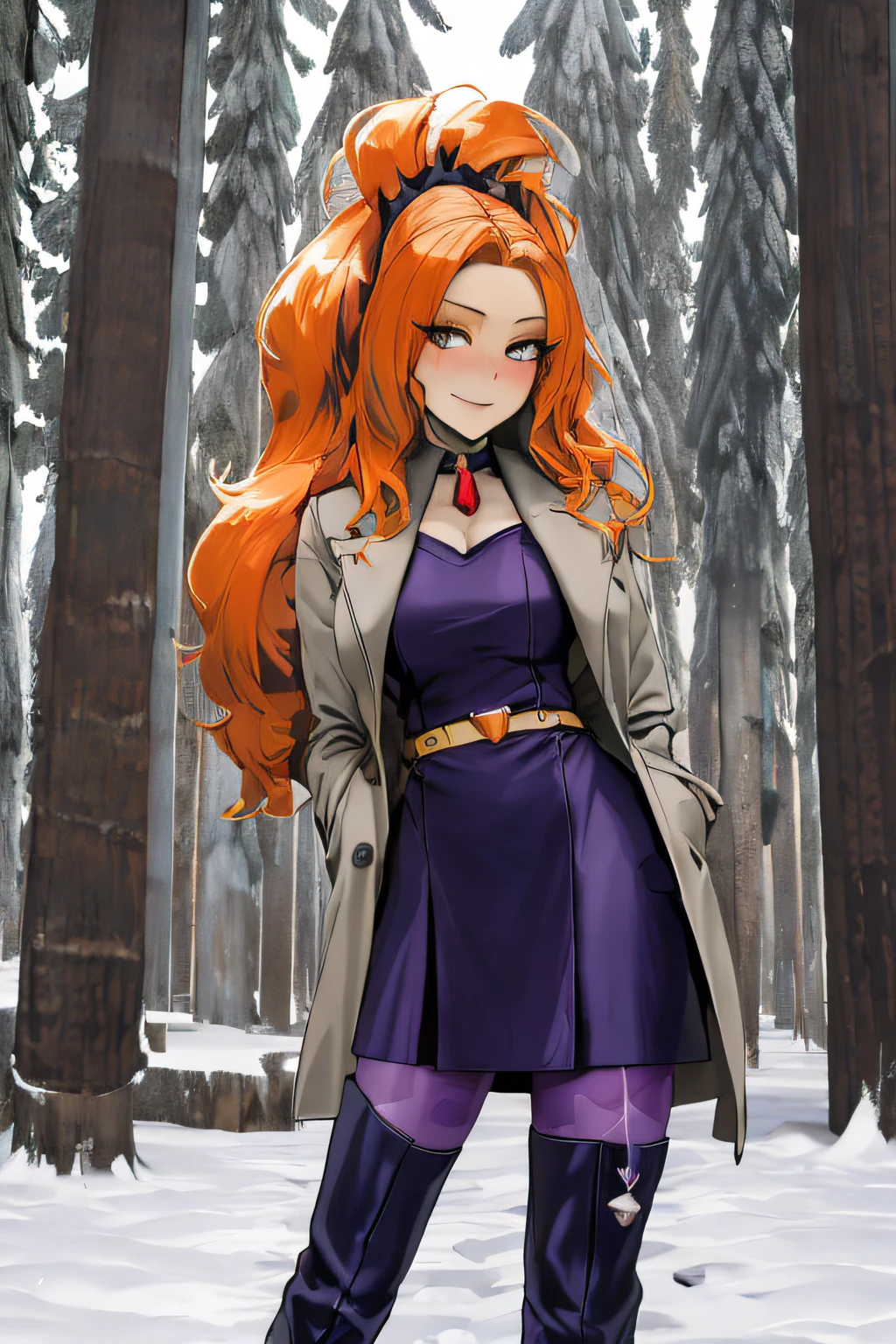 mlpdazzle, spikes, happy, (ice, belt, middle breast, orange hair, winter, forest, snow, snowy, cloudy, very long trench coat, winter skirt, pantyhose, thighhigh boots, forest, muffler, Winter Neck Polar Knit:1.4), Smile, blush, thin body, Thin leg, (Best Quality,4k,8K,high resolucion,Masterpiece:1.2),Ultra-detailed,realisitic:1.37,Vivid colors,studio lit, huge hair, abundant hair, tilt head, disheveled hair, messy hair