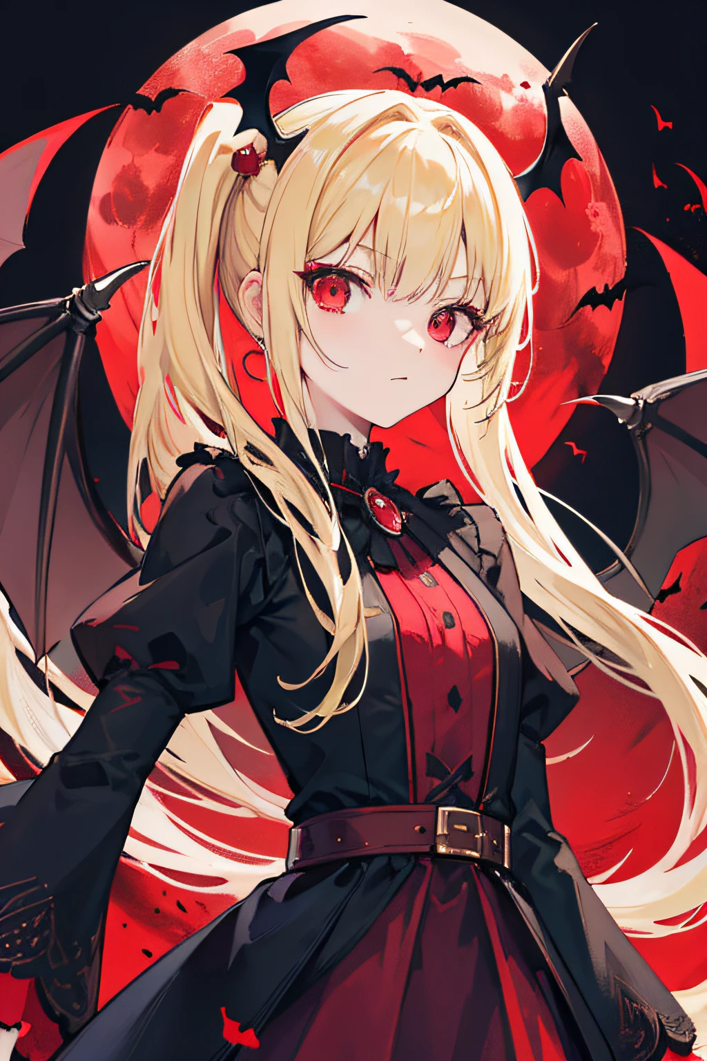 Blonde hair double ponytail，Vampires，With a petite figure，Bat wings，red eyes，Small crown hair ornaments，solo person，Arrogant，Western-style dress，outside，Red Moon