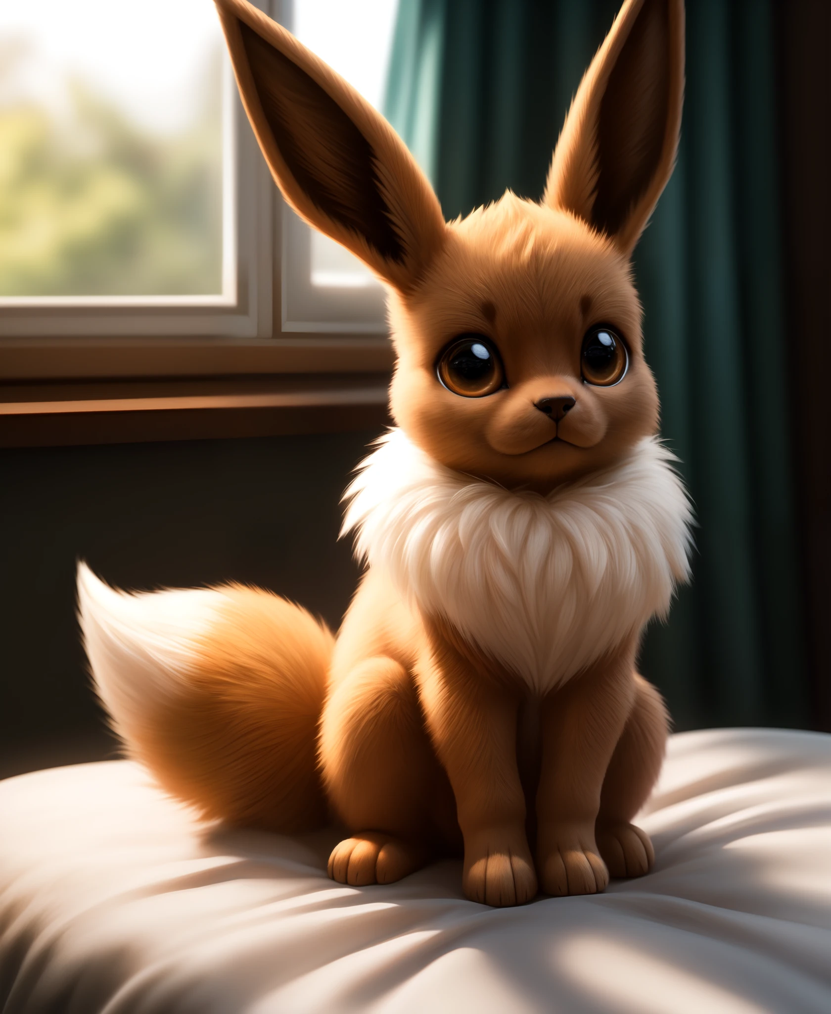 feral eevee sitting on bed,BREAK,(masterpiece, best quality, ultra realistic, 4k, 2k, (intricate:1.1), (high detail:1.4), film photography, (soft focus:1.1),RAW photo, photorealistic, analog style, subsurface scattering, photorealism, absurd res)