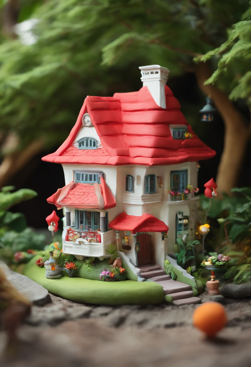 My Neighbor Totoro's House Red roof White pillars Double-storey Gloria Studio,There is a large tree in the garden, Clay material, Cartoonish design style, POP MART, Soft lighting, smooth lines, Tilt-shift lens, Detailed sci-fi illustrations, super realistic details, warm color