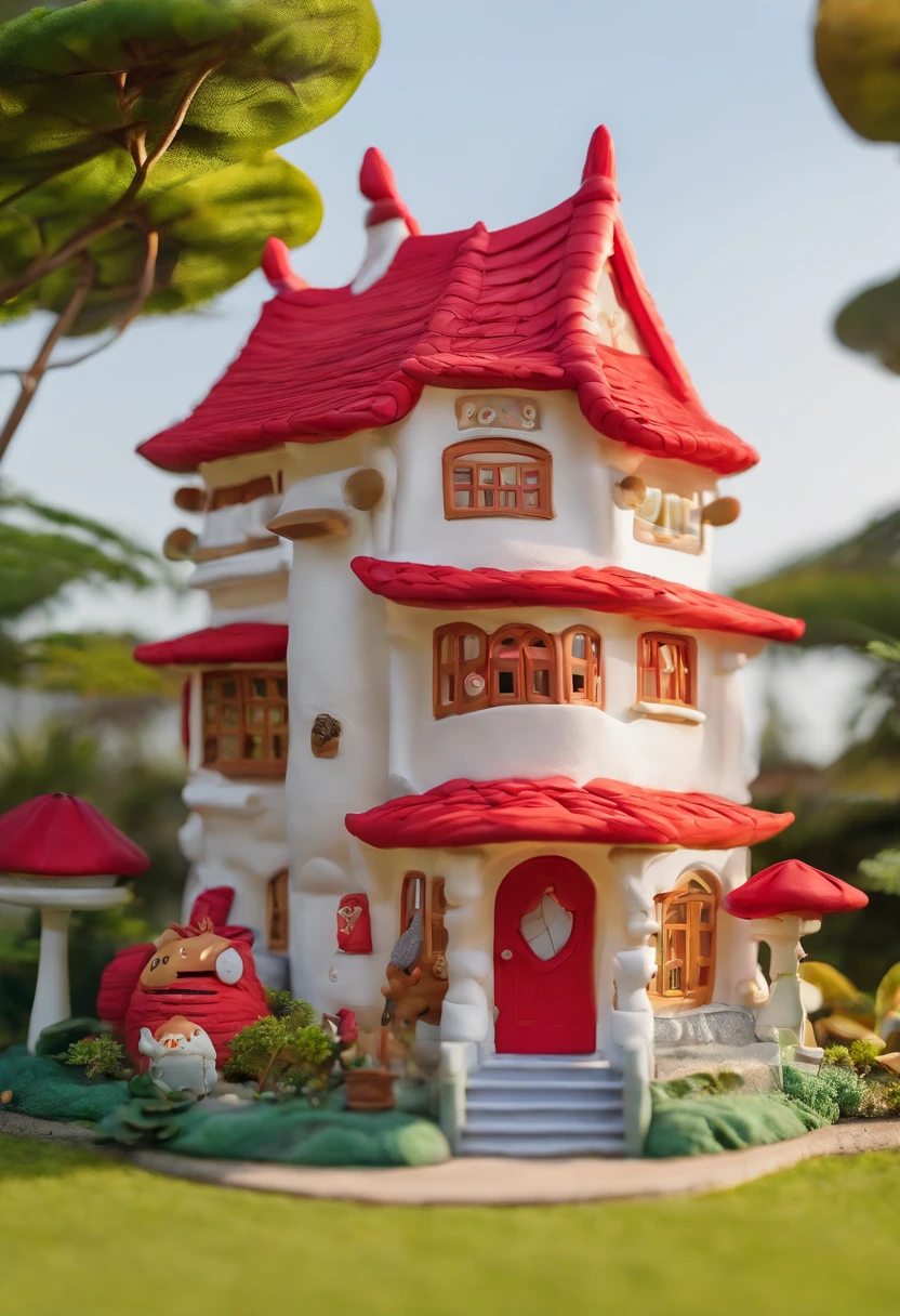 My Neighbor Totoro's House Red roof White pillars Double-storey Gloria Studio,There is a large tree in the garden, Clay material, Cartoonish design style, POP MART, Soft lighting, smooth lines, Tilt-shift lens, Detailed sci-fi illustrations, super realistic details, warm color