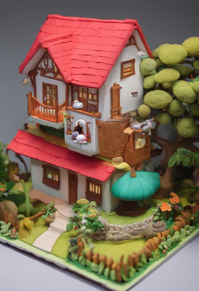 My Neighbor Totoro's House Red roof White pillars Double-storey Gloria Studio,There is a large tree in the garden, Clay material, Cartoonish design style, POP MART, Soft lighting, smooth lines, Tilt-shift lens, Detailed sci-fi illustrations, super realistic details, warm color