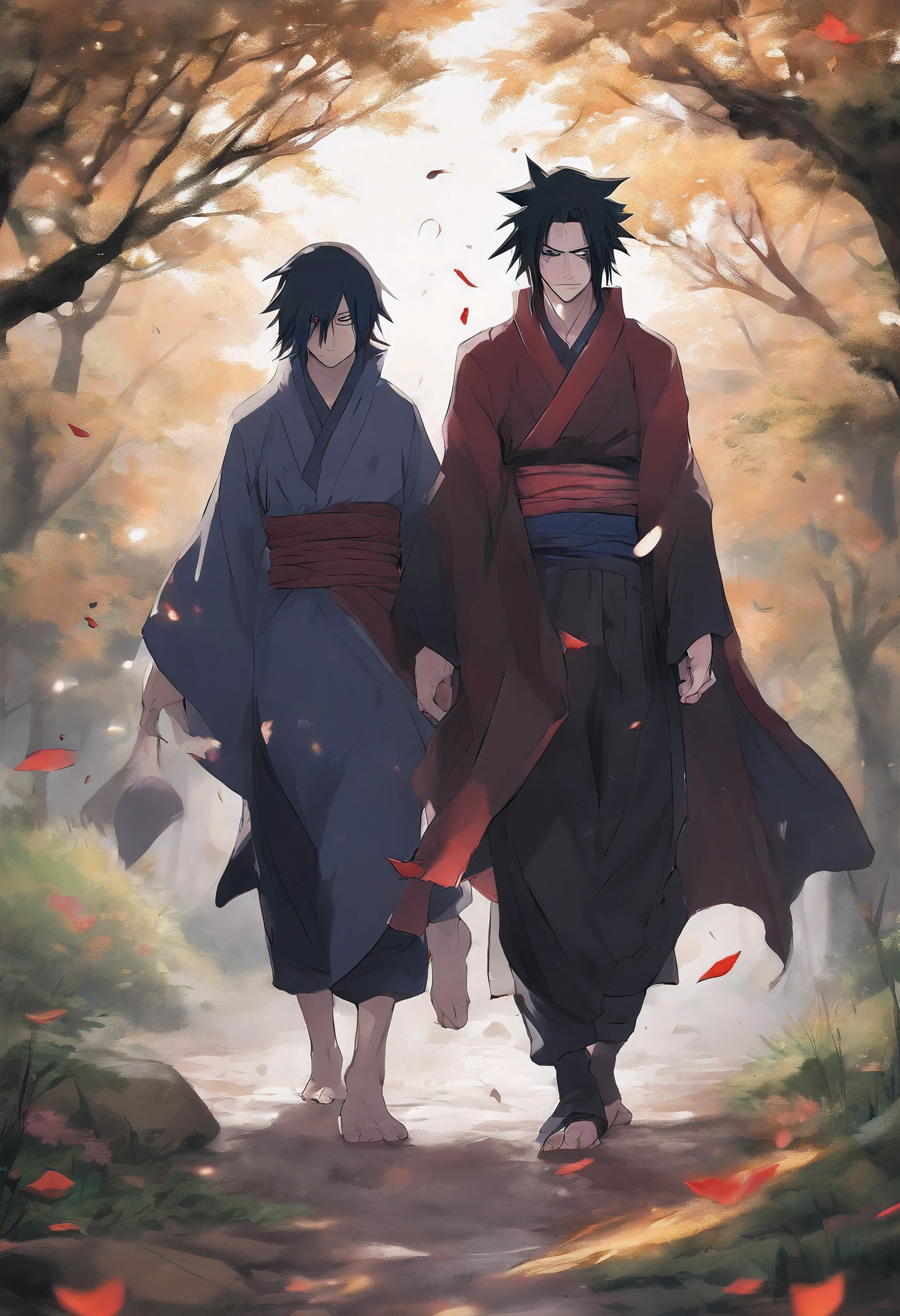 Sasuke and Itachi Uchiha walk together in the rain