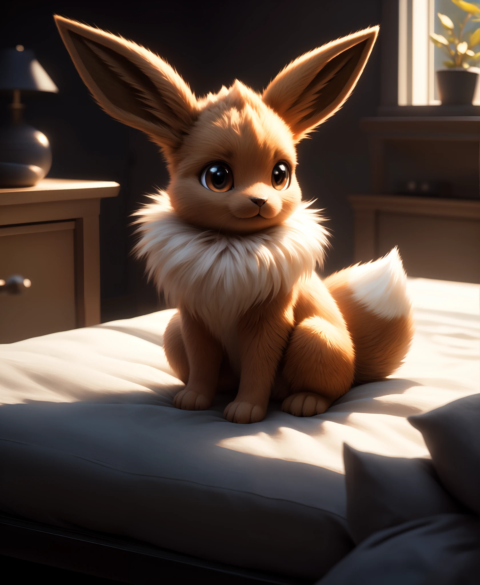 feral eevee sitting on bed,BREAK,(masterpiece, best quality, ultra realistic, 4k, 2k, (intricate:1.1), (high detail:1.4), film photography, (soft focus:1.1),RAW photo, photorealistic, analog style, subsurface scattering, photorealism, absurd res)