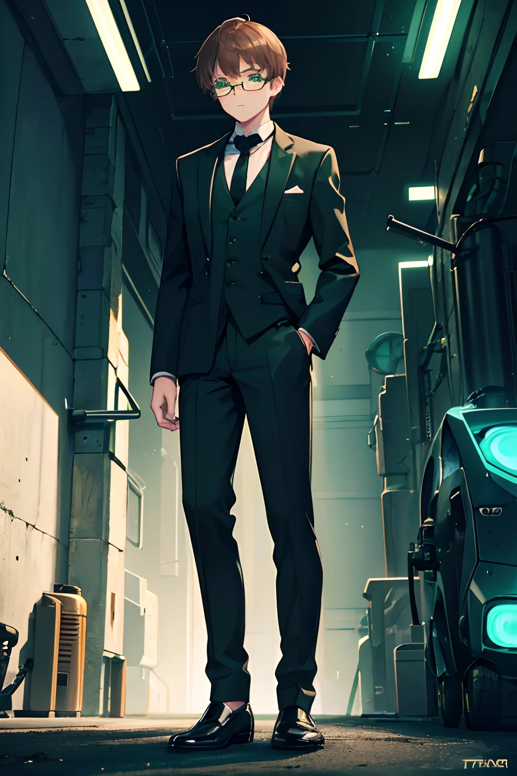 man in deep green suit, gold buttons, brown hair, brown glasses, , green eyes, black tie, scifi one grey robotic arm,  entire body shown, black shoes, black background, robotic cyborg hand