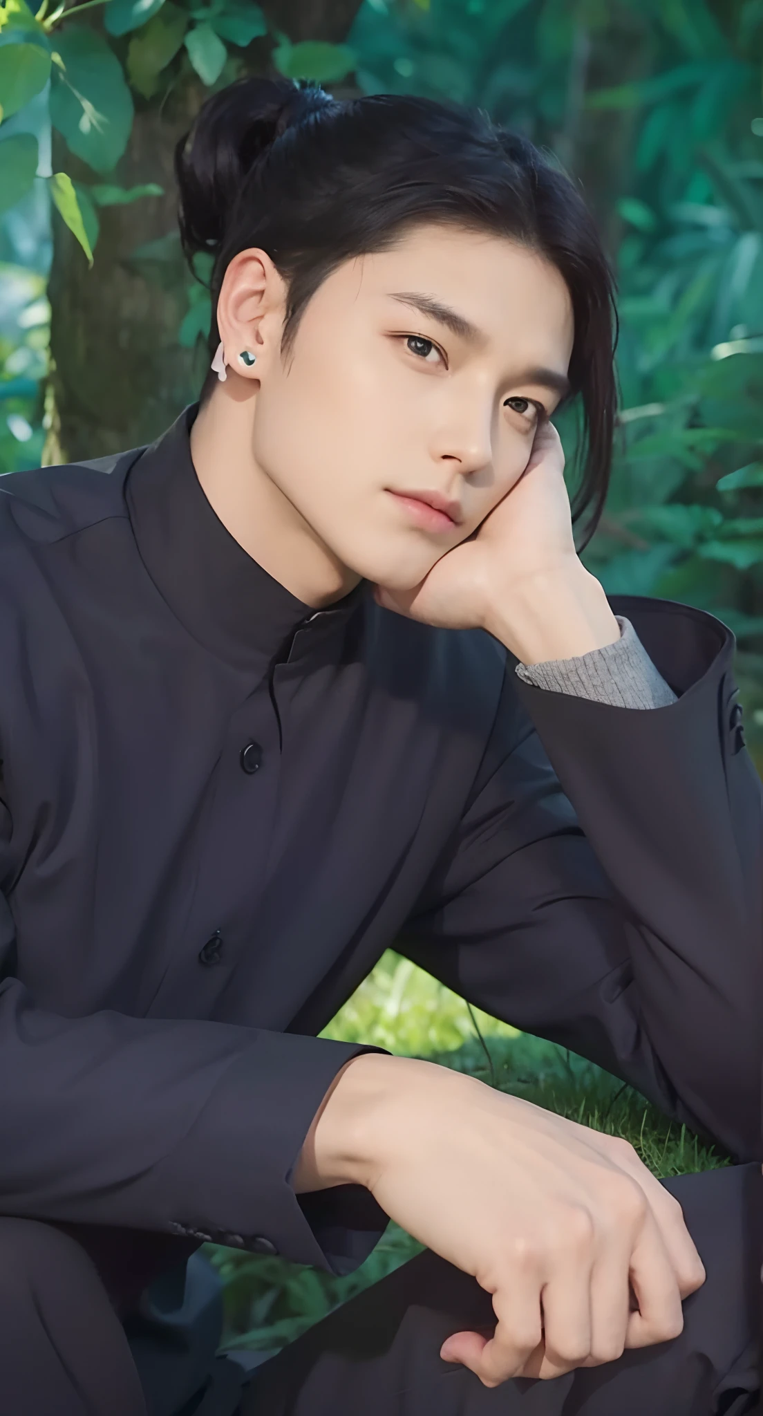 Real life adaption of this character, adult handsome face,looking to viewer,realistic same hairstyle black color,realistic jungle with many grass background, hyper realistic, realistic light, realistic shadow, realism,(photorealistic:1.2), (realistic same outfit), (normal ear), normal hand