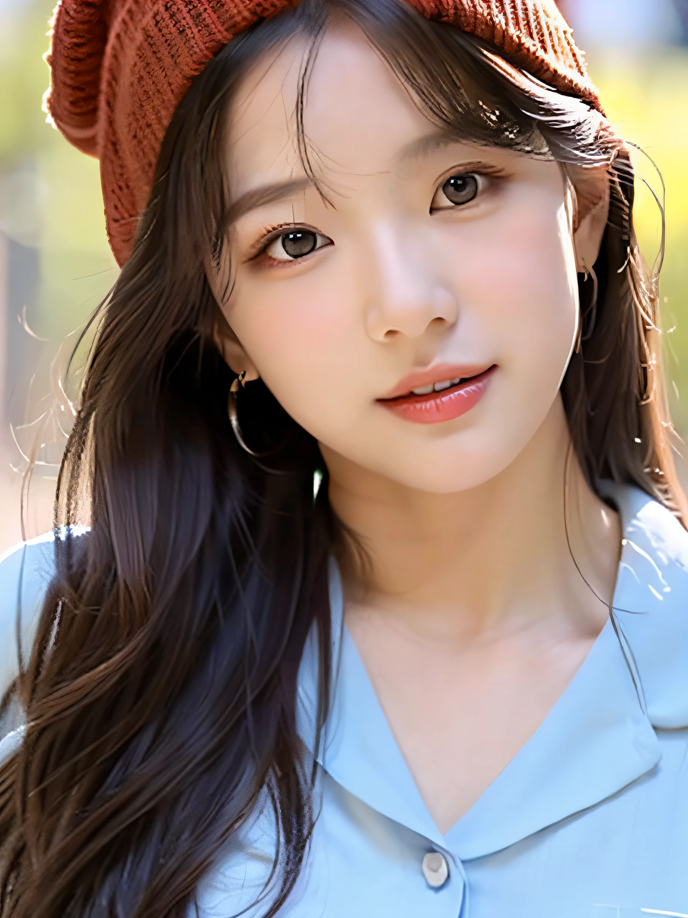 1girl in, Solo, Long hair, Black hair, written clothes, Brown eyes, Looking at the viewer, Beanie, Beautiful lips, Upper body, Closed mouth, Shirt, earrings, nffsw://i.Postim.nffsw/tCDfNDvp/Screenshot-20230606-212445..png