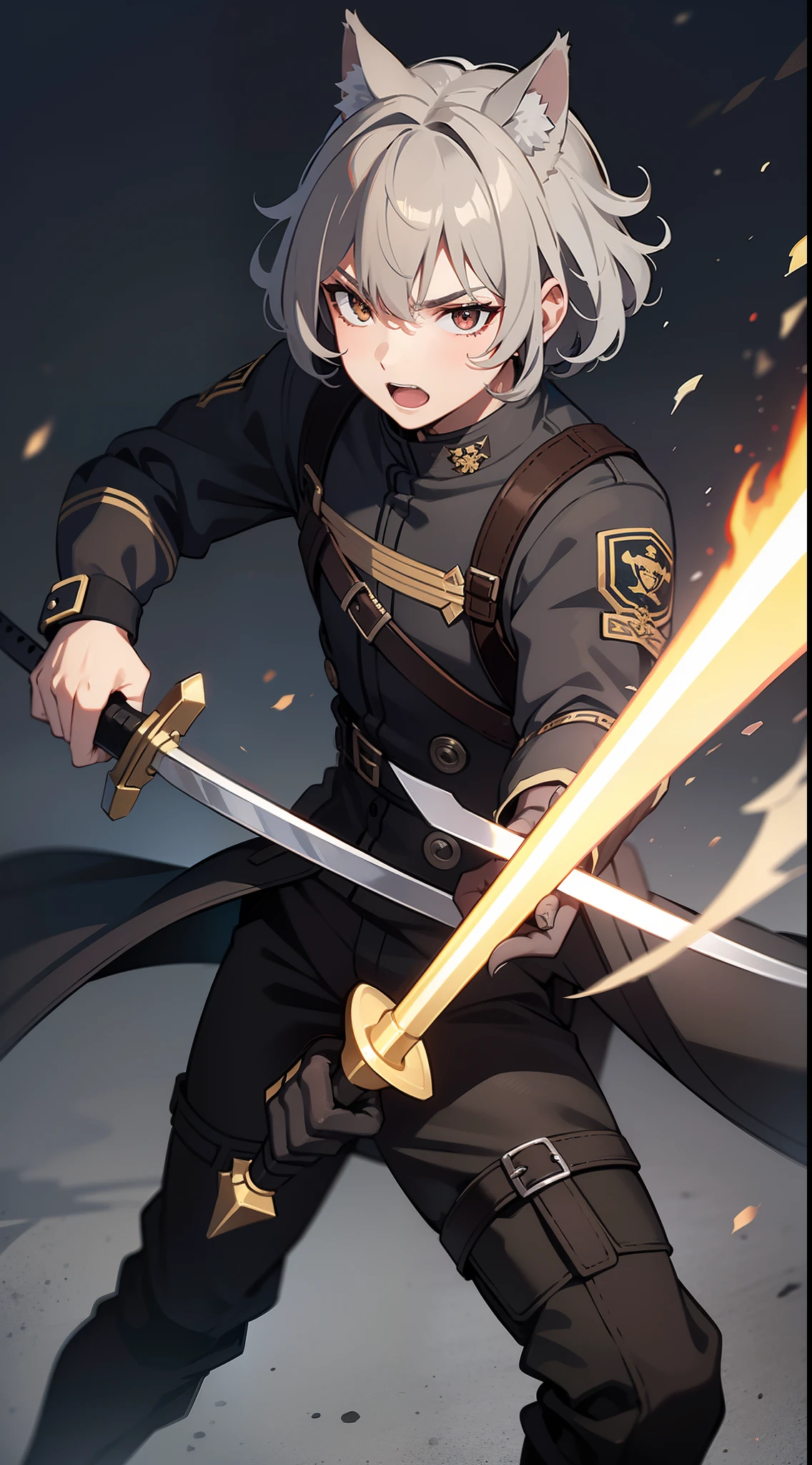 Young guy, gray curly hair, bob hairstyle, brown eye, cat ears, Grey Combat Jacket, breeches, claws, fiery sword, Masterpiece, hiquality, 4k, HD, Good detail